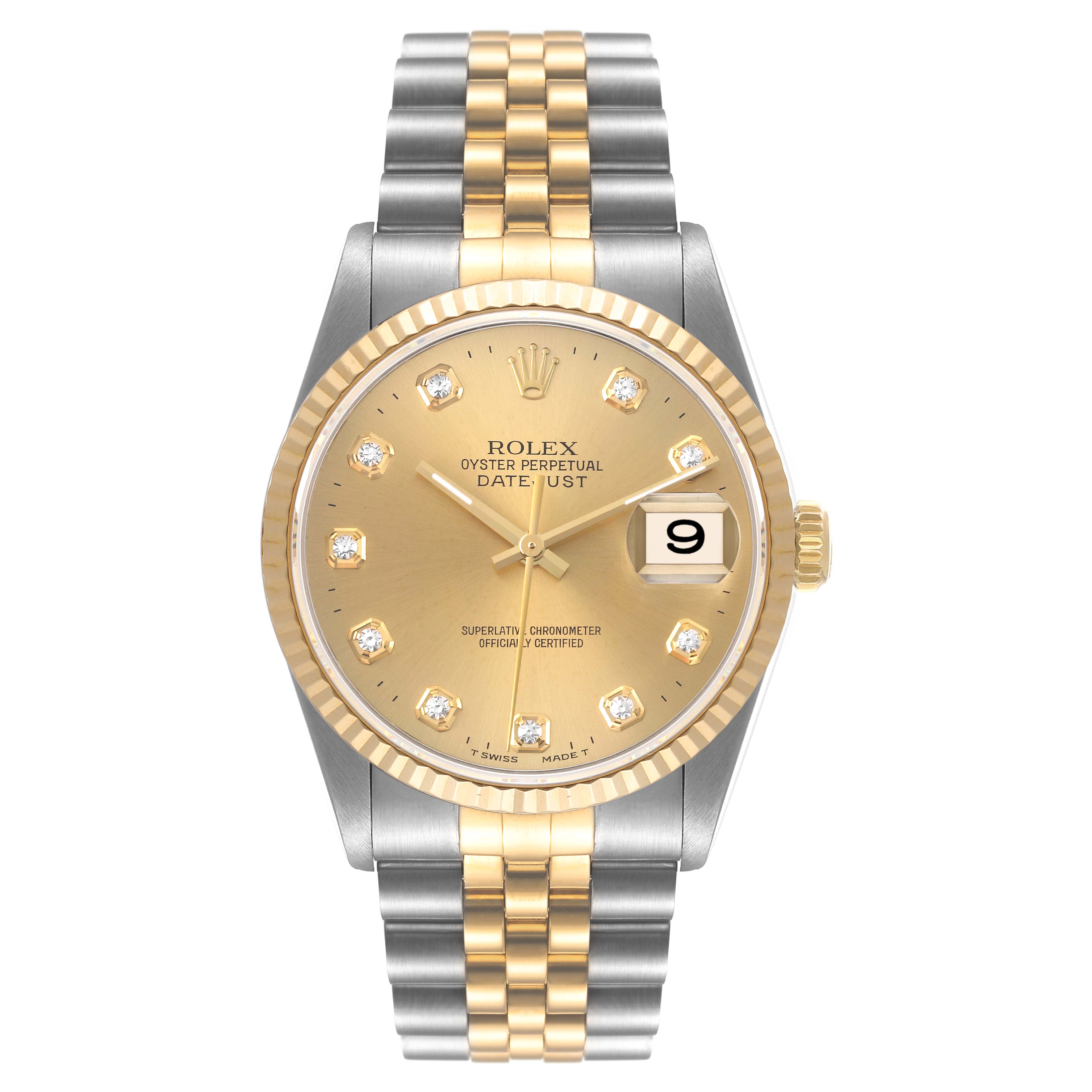 The image shows a front view of a Rolex Datejust 16233 Men's Steel and Gold (two tone) Champagne Dial 16233 Men's Steel and Gold (two tone) Champagne Dial watch, highlighting its gold dial, diamond markers, bi-metal bracelet, and date feature.