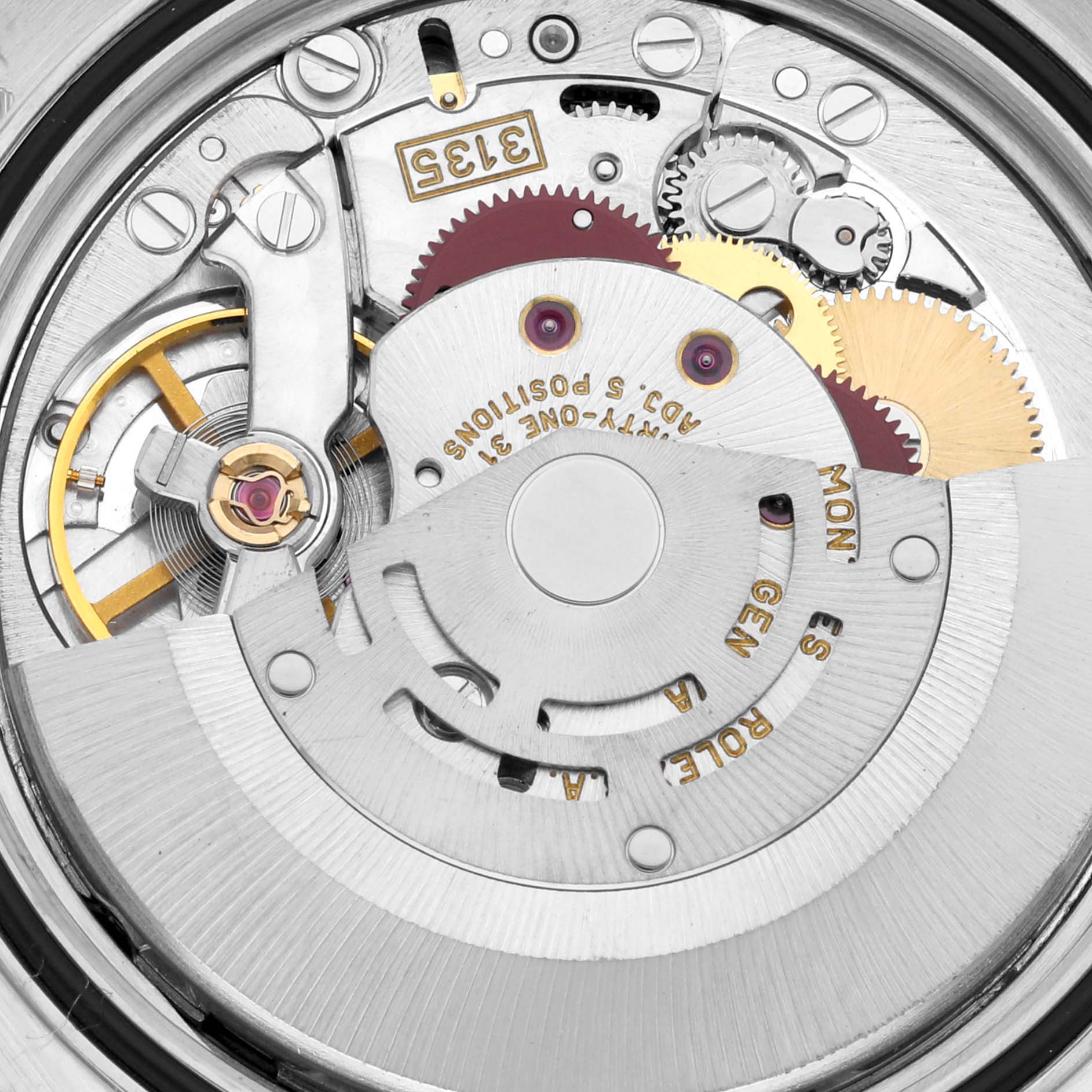 The image shows a close-up of the Rolex Datejust 16233 Men's Steel and Gold (two tone) Champagne Dial 16233 Men's Steel and Gold (two tone) Champagne Dial model's internal movement mechanism.