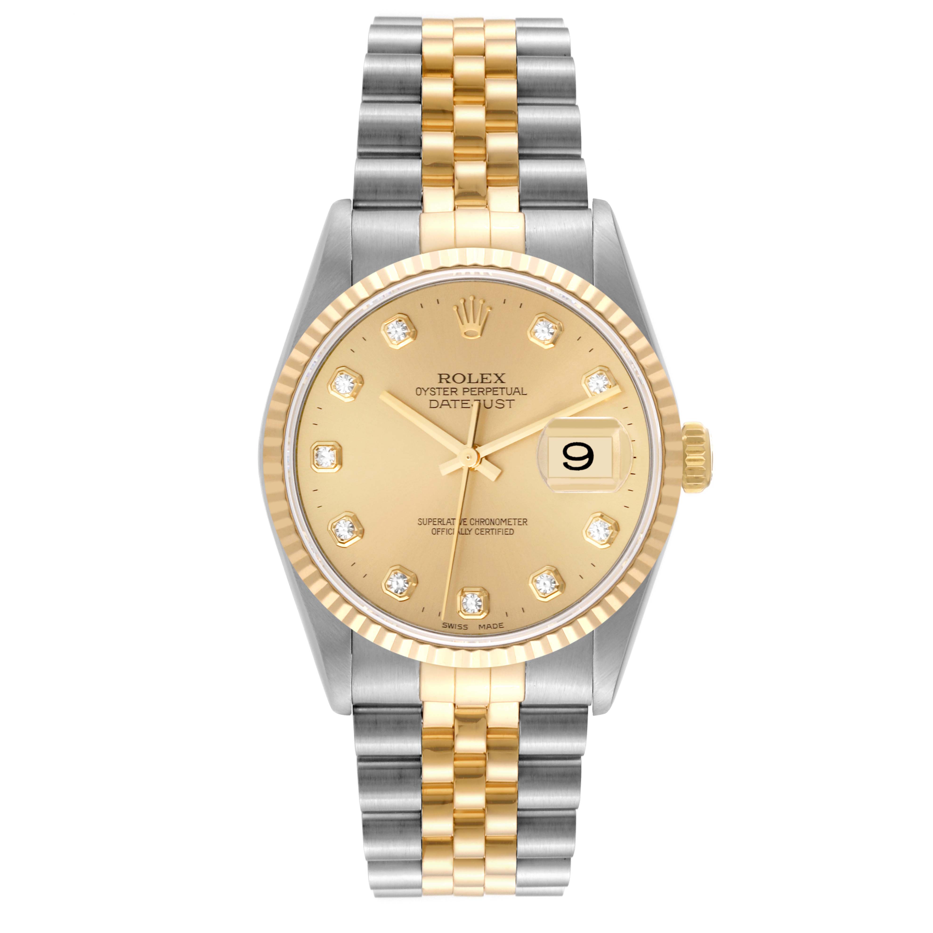 The image shows the front view of a Rolex Datejust 16233 Men's Steel and Gold (two tone) Champagne Dial 16233 Men's Steel and Gold (two tone) Champagne Dial watch with a gold dial, diamond hour markers, and a two-tone bracelet.