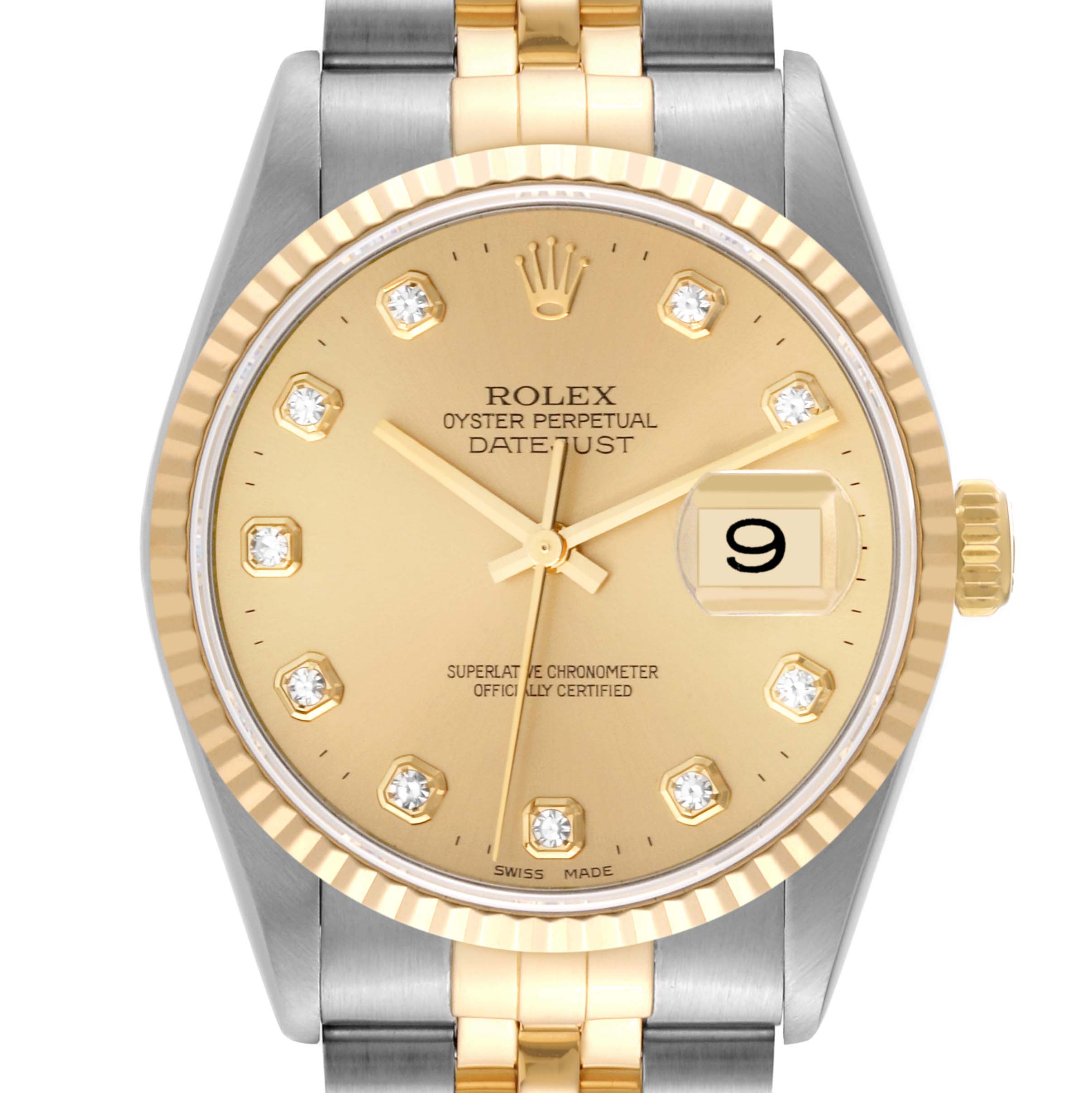 This image shows the face and part of the band of the Rolex Datejust 16233 Men's Steel and Gold (two tone) Champagne Dial 16233 Men's Steel and Gold (two tone) Champagne Dial watch, highlighting its gold dial and diamond hour markers.