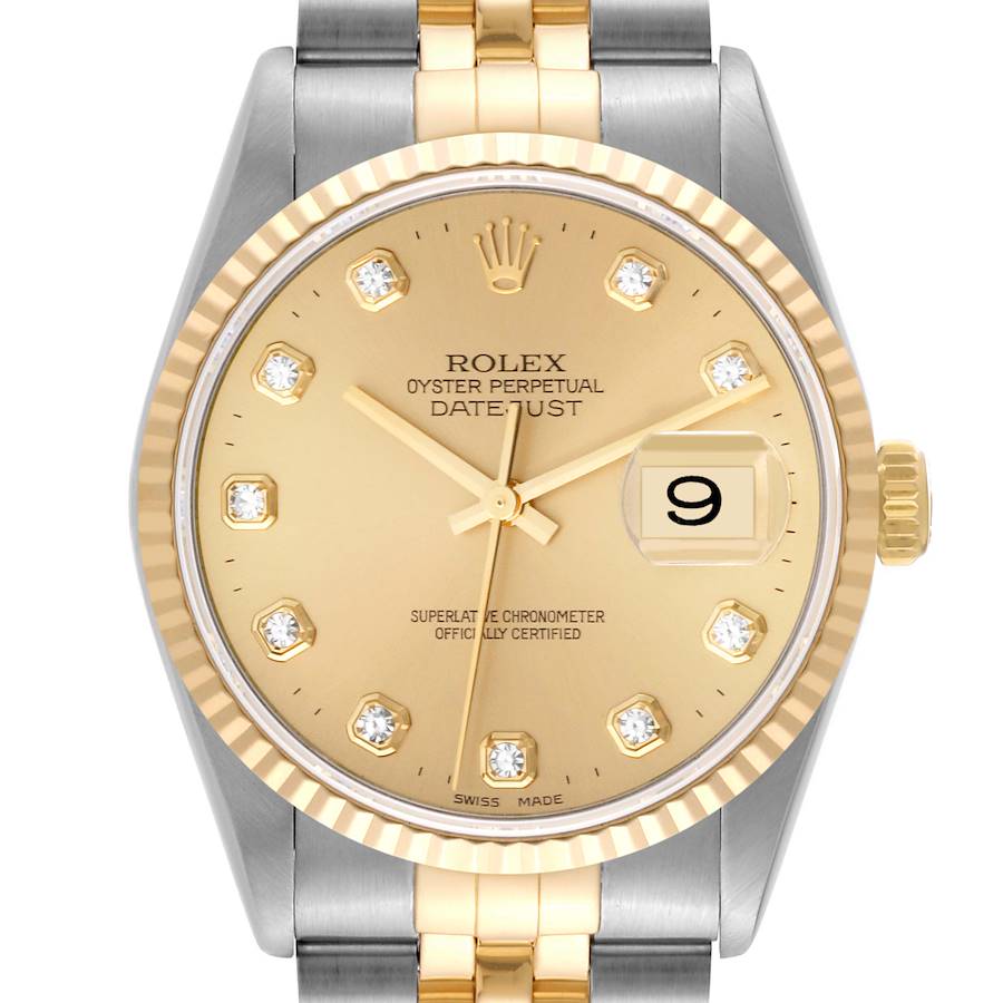 This image shows the face and part of the band of the Rolex Datejust watch, highlighting its gold dial and diamond hour markers.