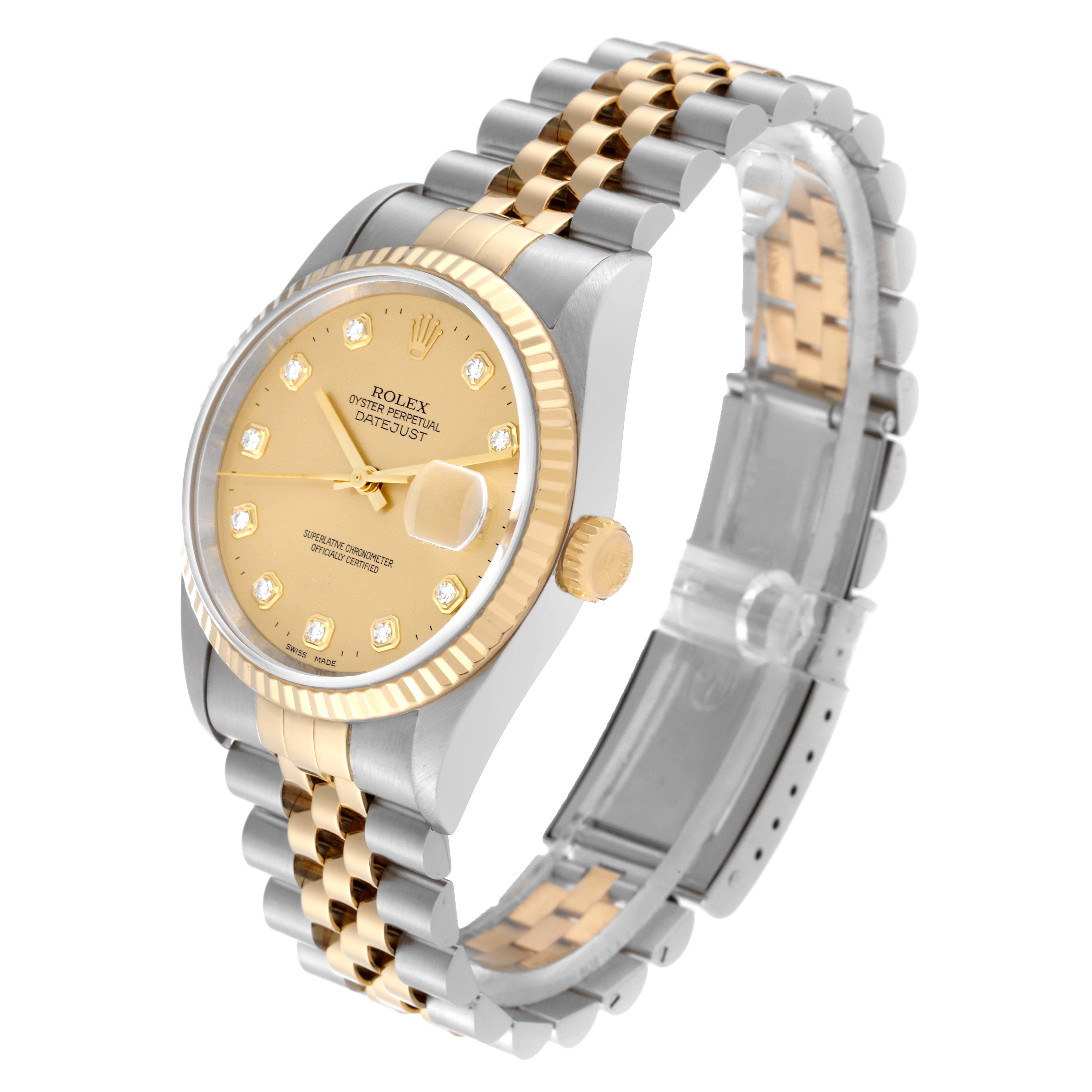 This Rolex Datejust 16233 Men's Steel and Gold (two tone) Champagne Dial 16233 Men's Steel and Gold (two tone) Champagne Dial watch is shown at a 3/4 side angle, featuring the face, bezel, crown, and bracelet links.