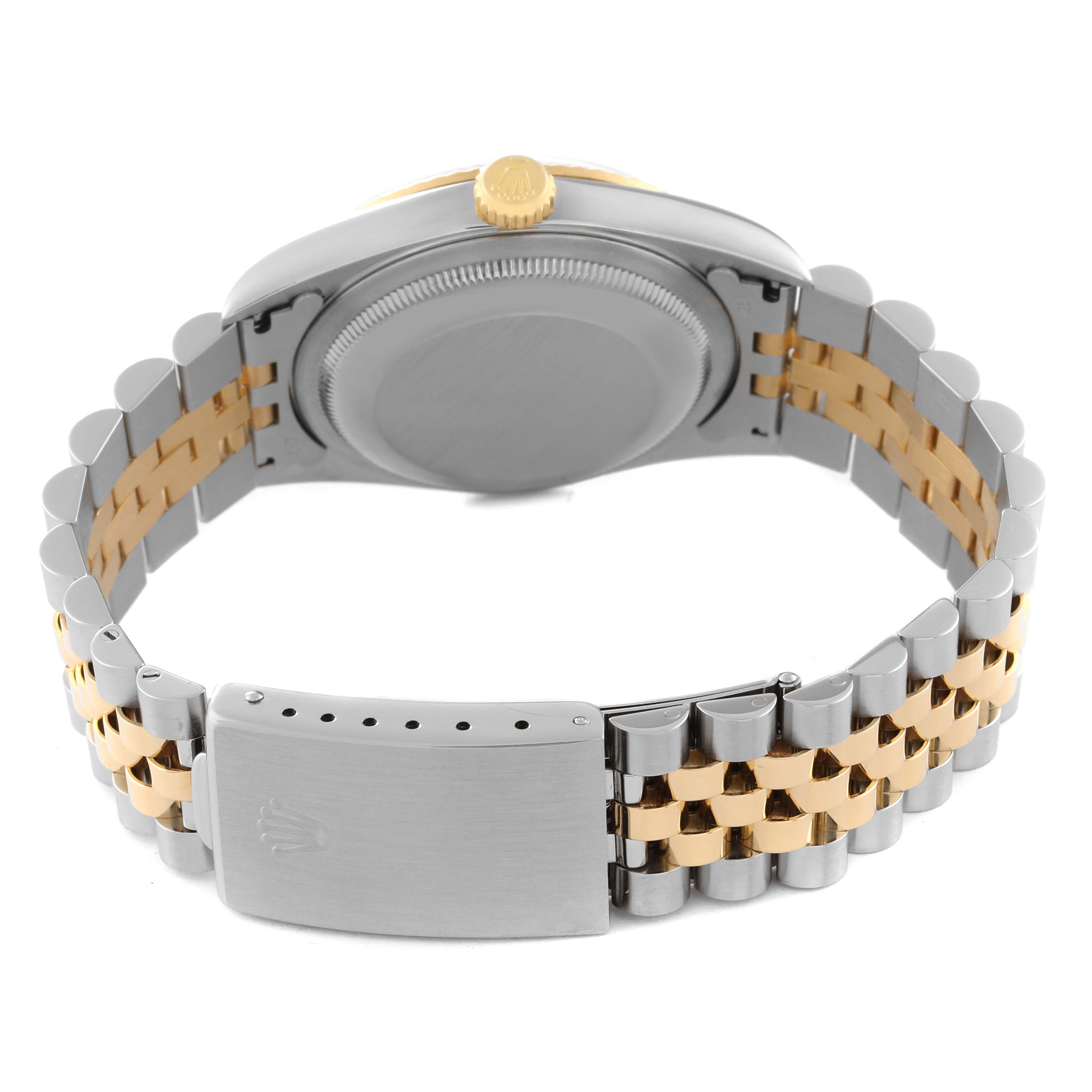 The Rolex Datejust 16233 Men's Steel and Gold (two tone) Champagne Dial 16233 Men's Steel and Gold (two tone) Champagne Dial watch is shown from the back, highlighting the clasp, bracelet, and case back.