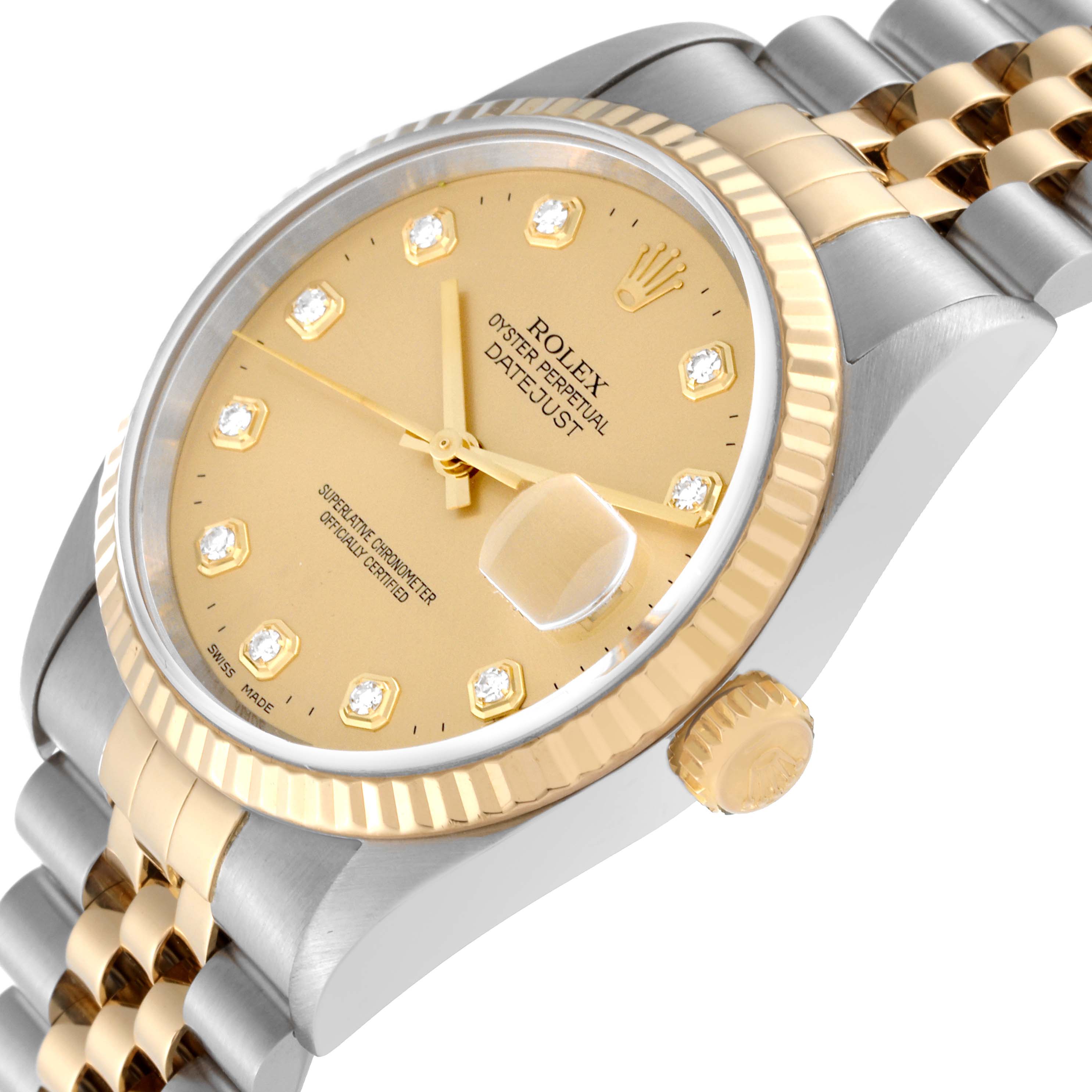 This Rolex Datejust 16233 Men's Steel and Gold (two tone) Champagne Dial 16233 Men's Steel and Gold (two tone) Champagne Dial watch is shown at an angled view, highlighting the face, bezel, and partial bracelet.