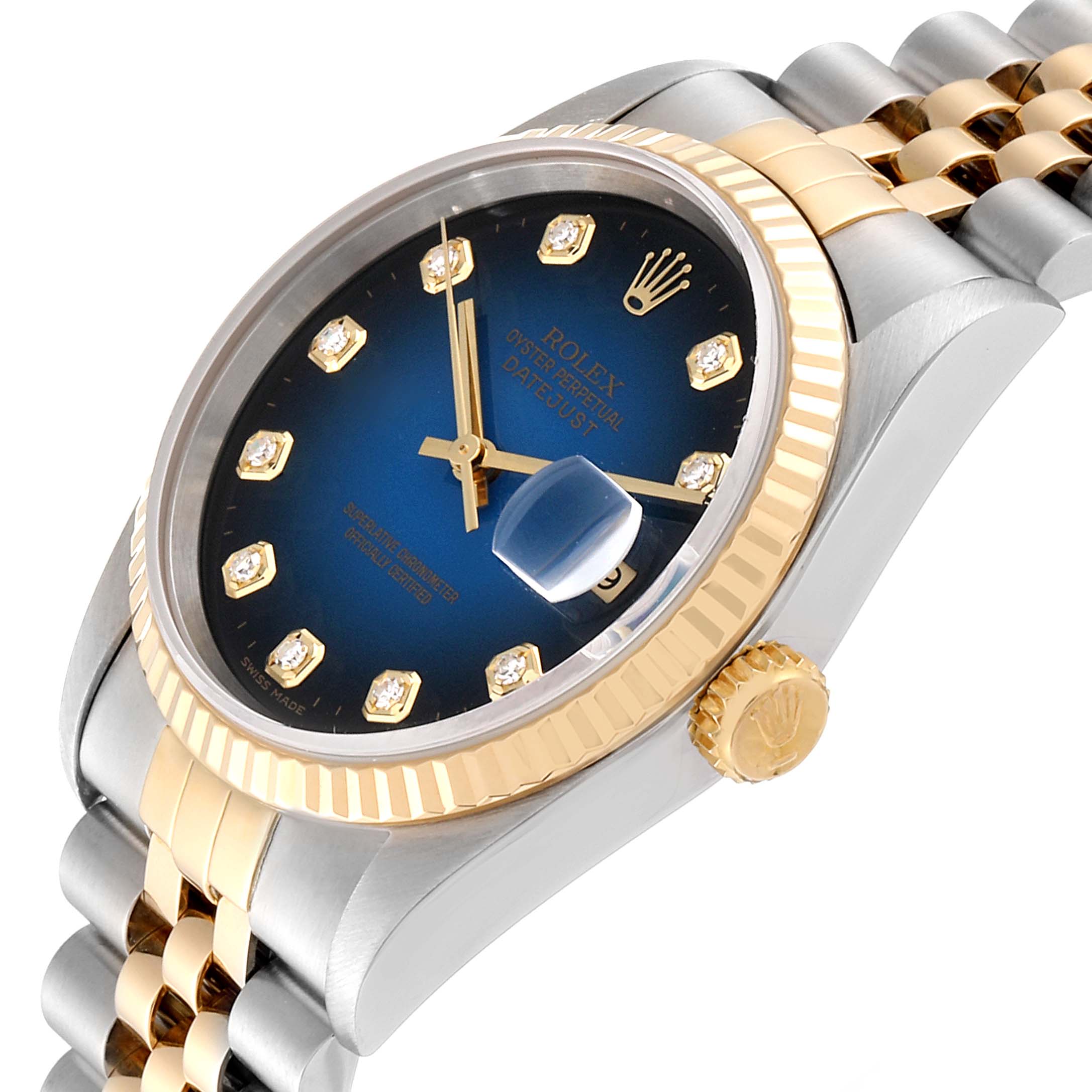 This Rolex Datejust 16233 Men's Steel and Gold (two tone) Blue Dial 16233 Men's Steel and Gold (two tone) Blue Dial watch is shown at a slight angle, highlighting the dial, bezel, crown, and part of the band.