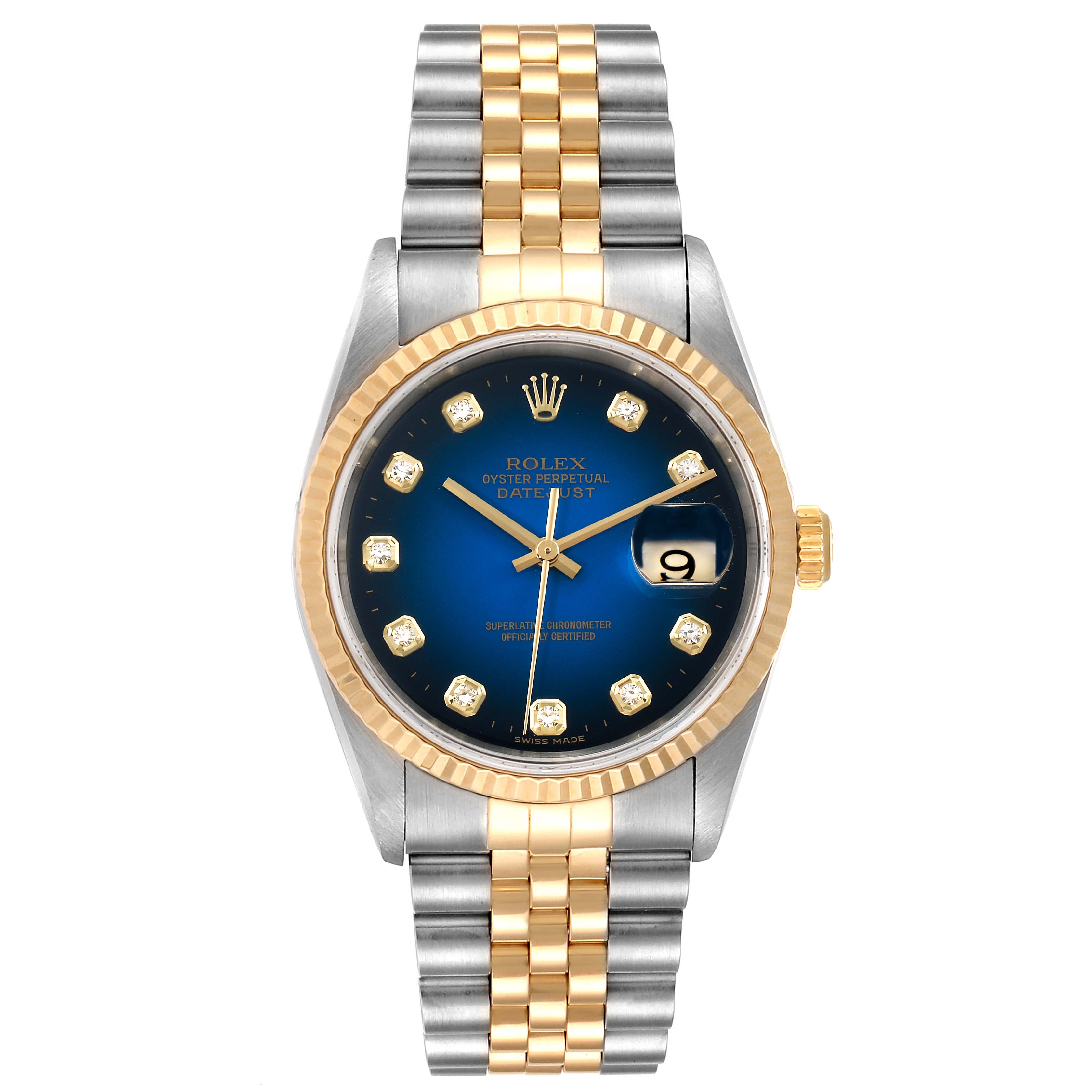 The image shows a front view of a Rolex Datejust 16233 Men's Steel and Gold (two tone) Blue Dial 16233 Men's Steel and Gold (two tone) Blue Dial watch with a blue dial, fluted bezel, and two-tone metal bracelet.