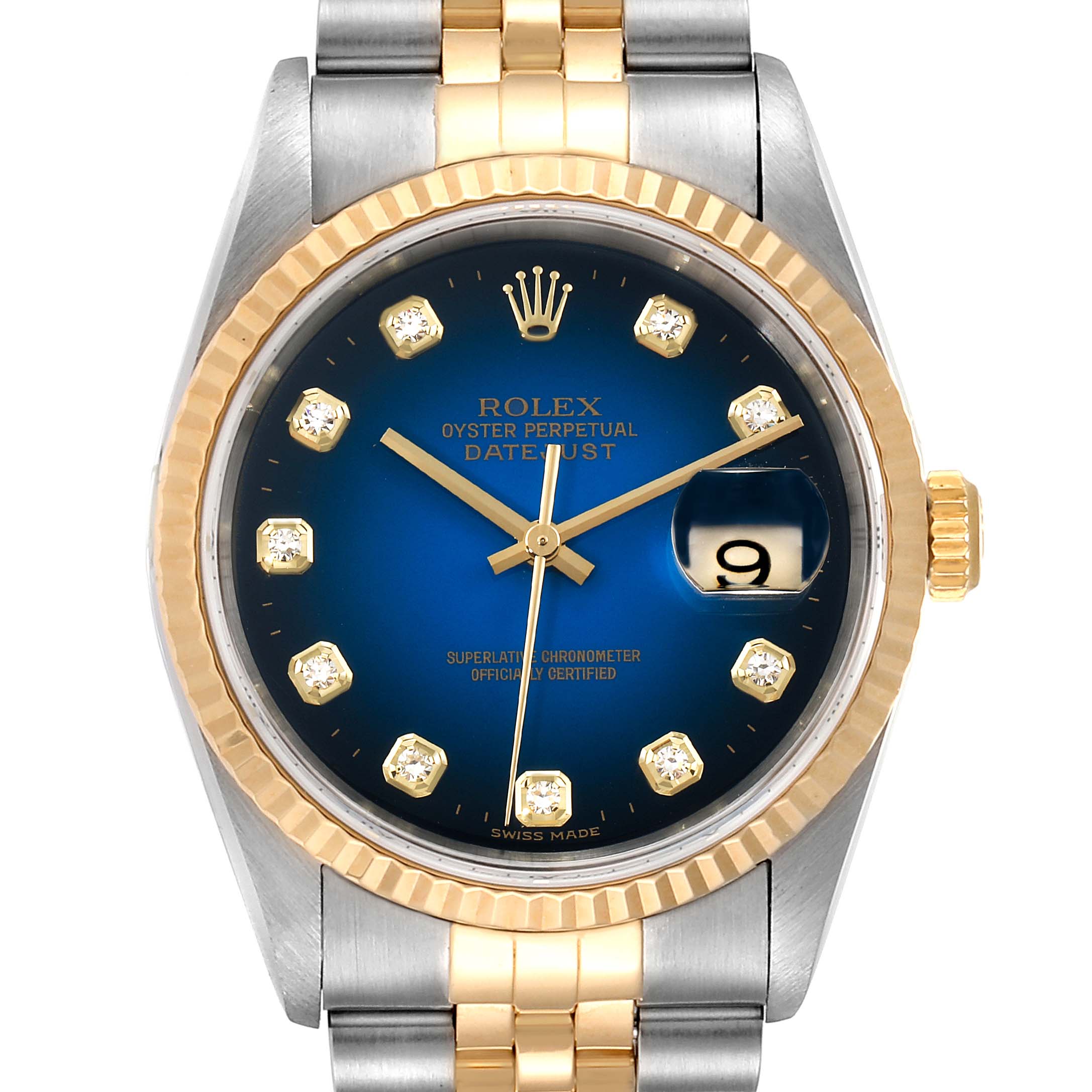 The Rolex Datejust 16233 Men's Steel and Gold (two tone) Blue Dial 16233 Men's Steel and Gold (two tone) Blue Dial watch is shown from the front, featuring its face, bezel, dial, hands, bracelet, and crown.
