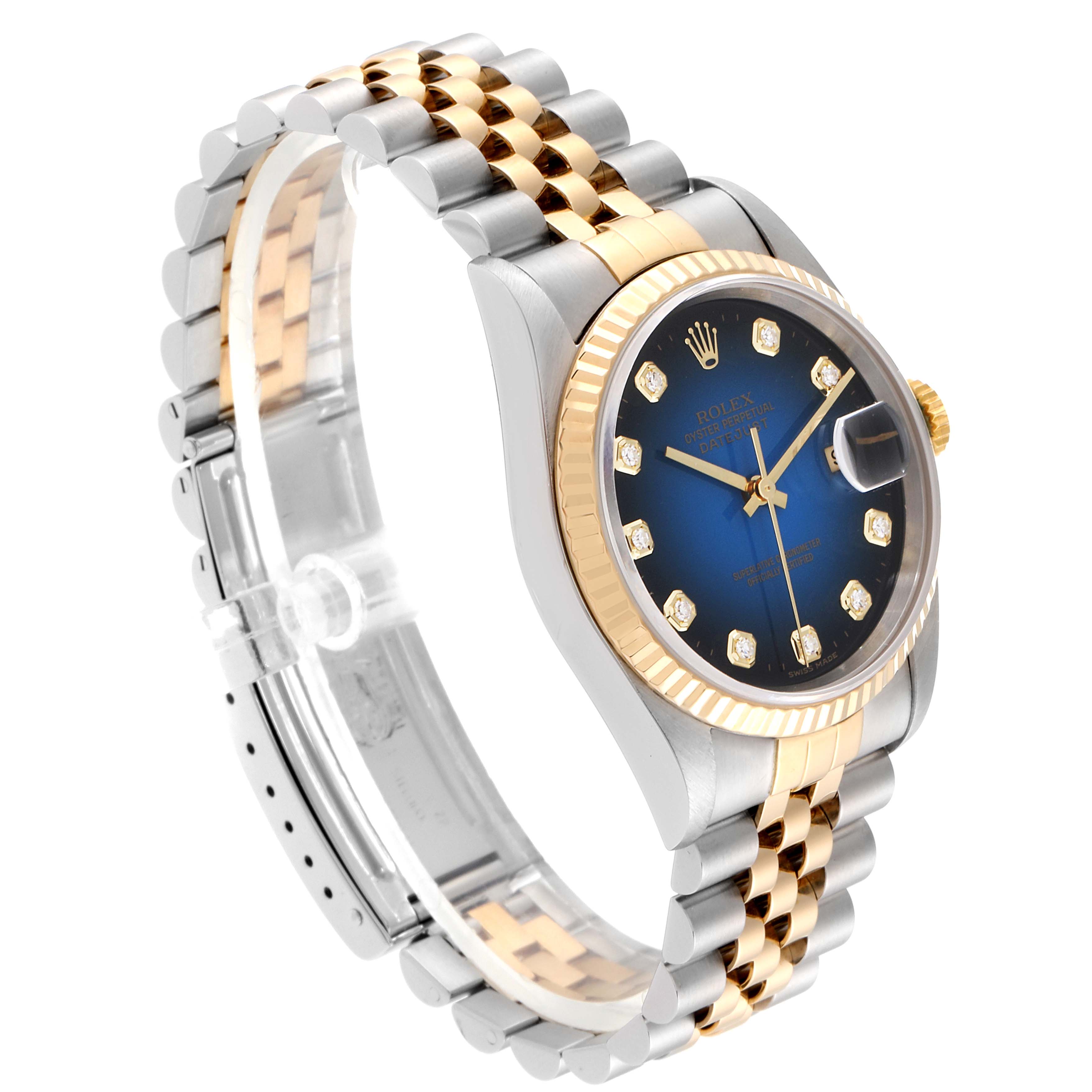 The Rolex Datejust 16233 Men's Steel and Gold (two tone) Blue Dial 16233 Men's Steel and Gold (two tone) Blue Dial watch is displayed at a 3/4 angle, showing the face, bezel, and Jubilee bracelet.