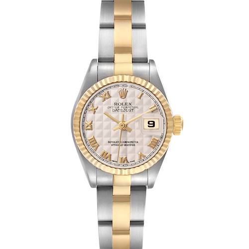 The Rolex Datejust 79173 Women's Steel and Gold (two tone) Beige Dial watch is shown from the front, displaying its face, fluted bezel, and two-tone bracelet.