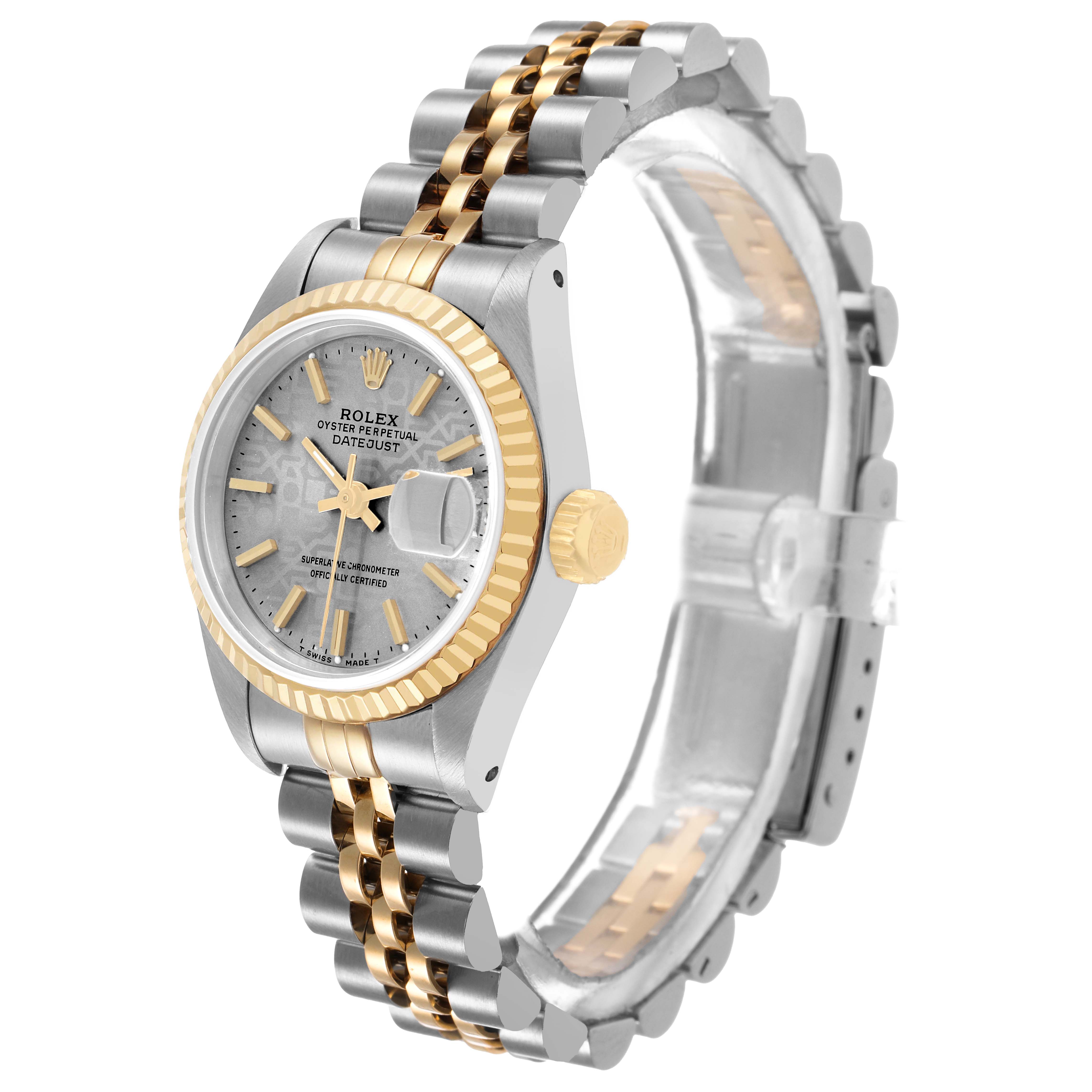 The Rolex Datejust 69173 Women's Steel and Gold (two tone) Silver Dial watch is shown at a three-quarter angle, displaying the face, crown, and two-tone bracelet.
