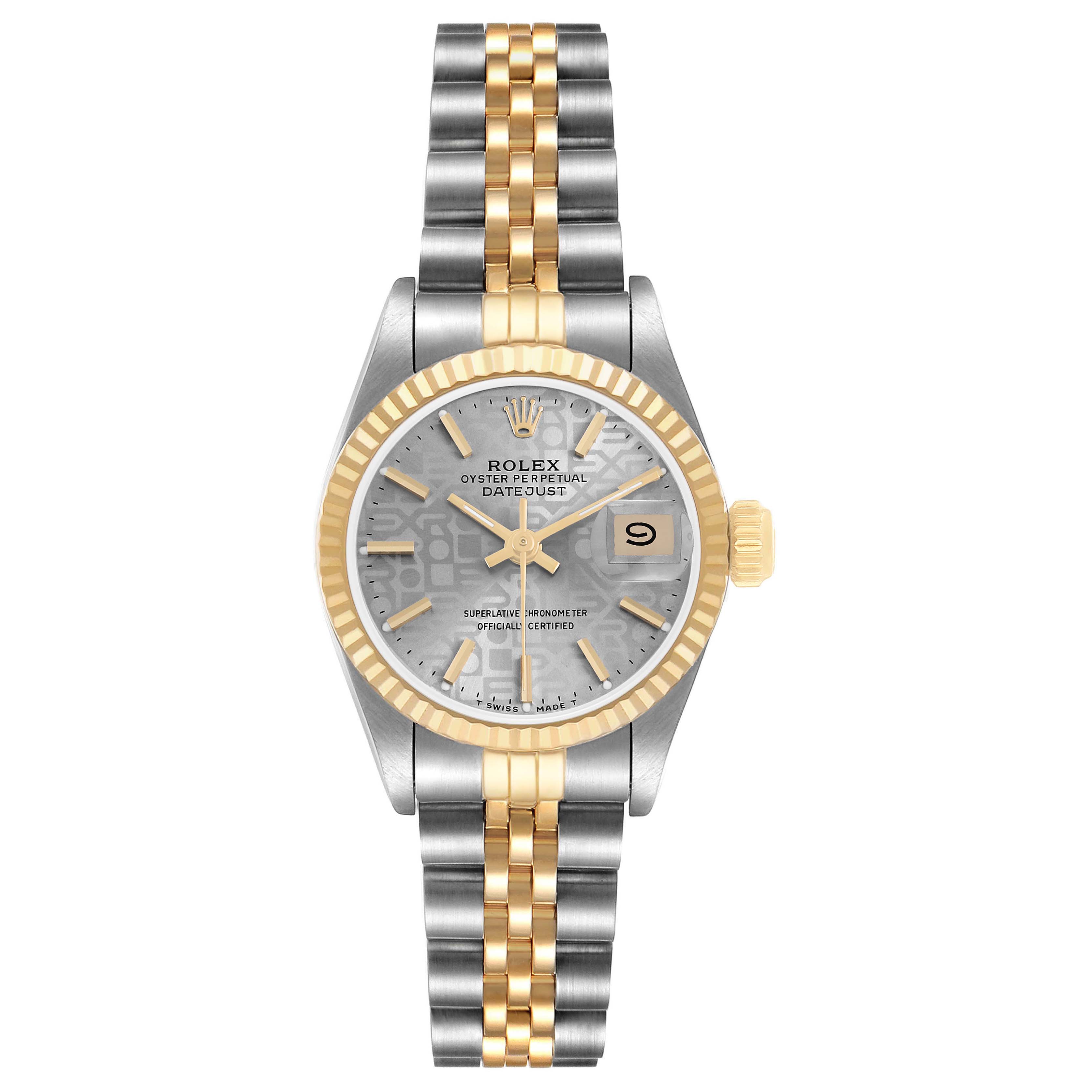 The Rolex Datejust 69173 Women's Steel and Gold (two tone) Silver Dial watch is shown from a top view, highlighting the dial, bezel, bracelet, and crown.