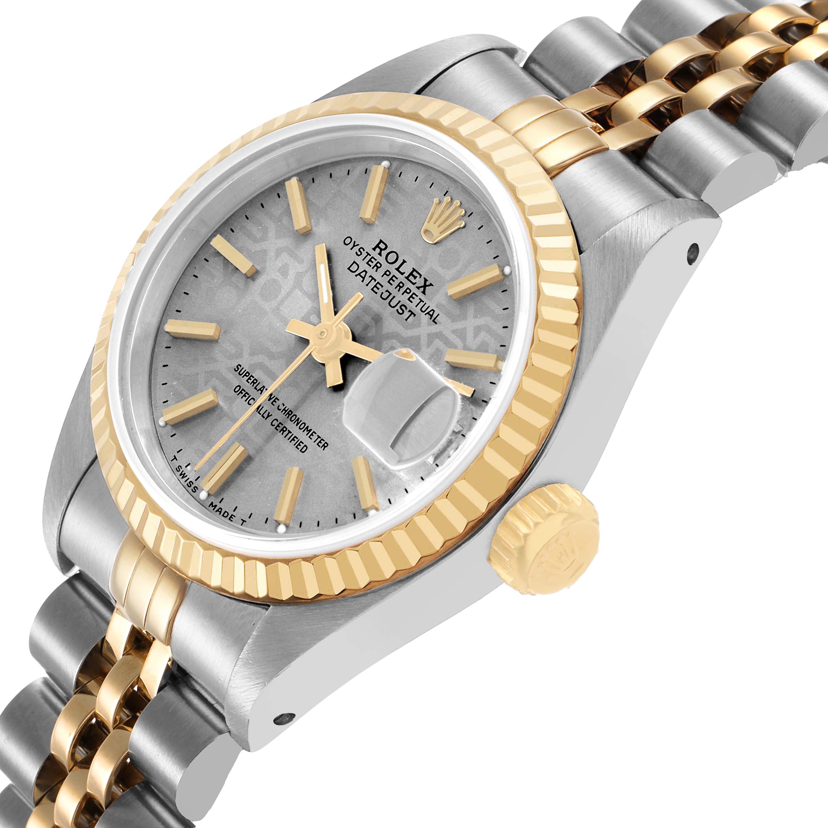 The Rolex Datejust 69173 Women's Steel and Gold (two tone) Silver Dial is shown at an angled side view, highlighting the dial, bezel, crown, and part of the bracelet.