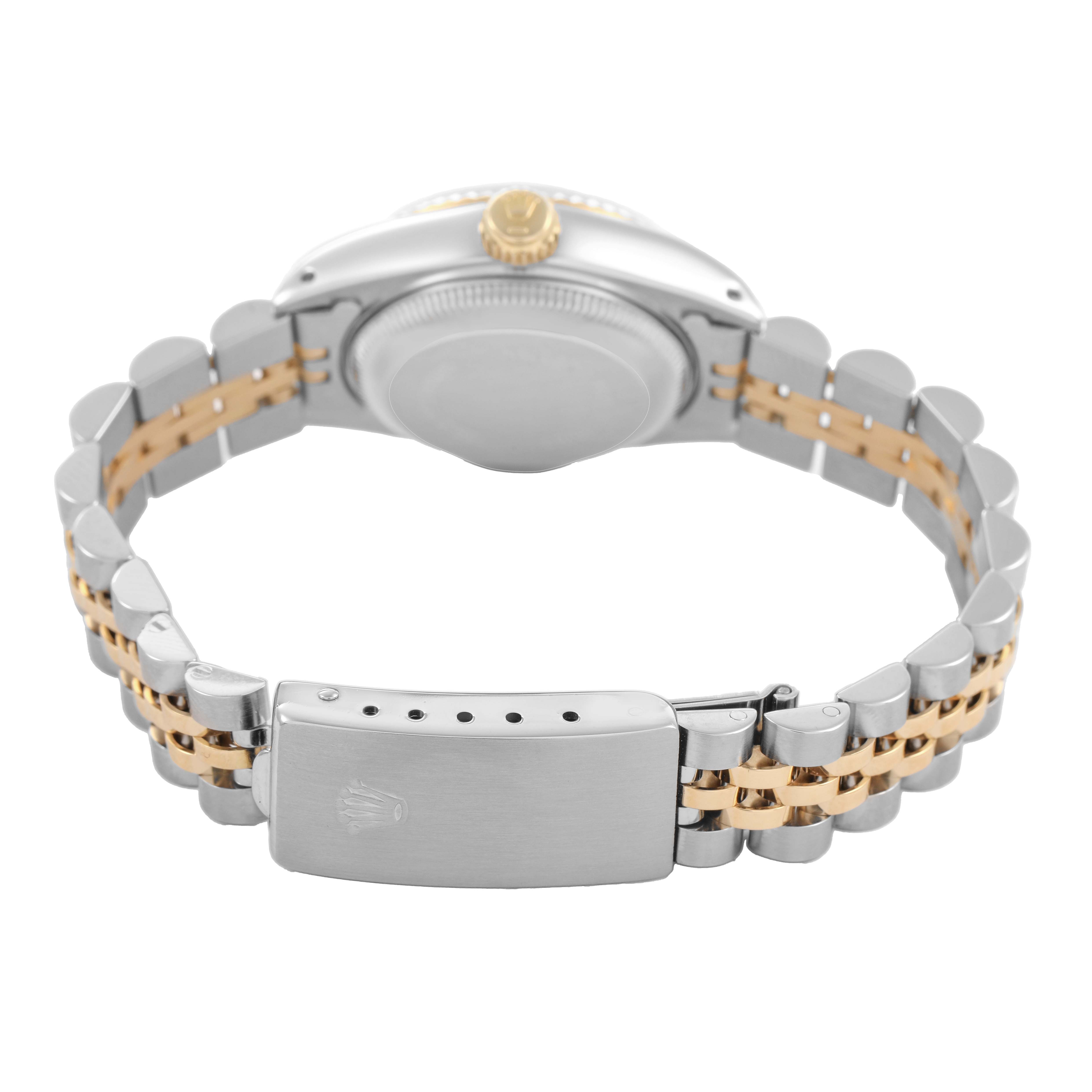 The image shows the back view of a Rolex Datejust 69173 Women's Steel and Gold (two tone) Silver Dial, displaying the bracelet and clasp, with the case and crown partially visible.