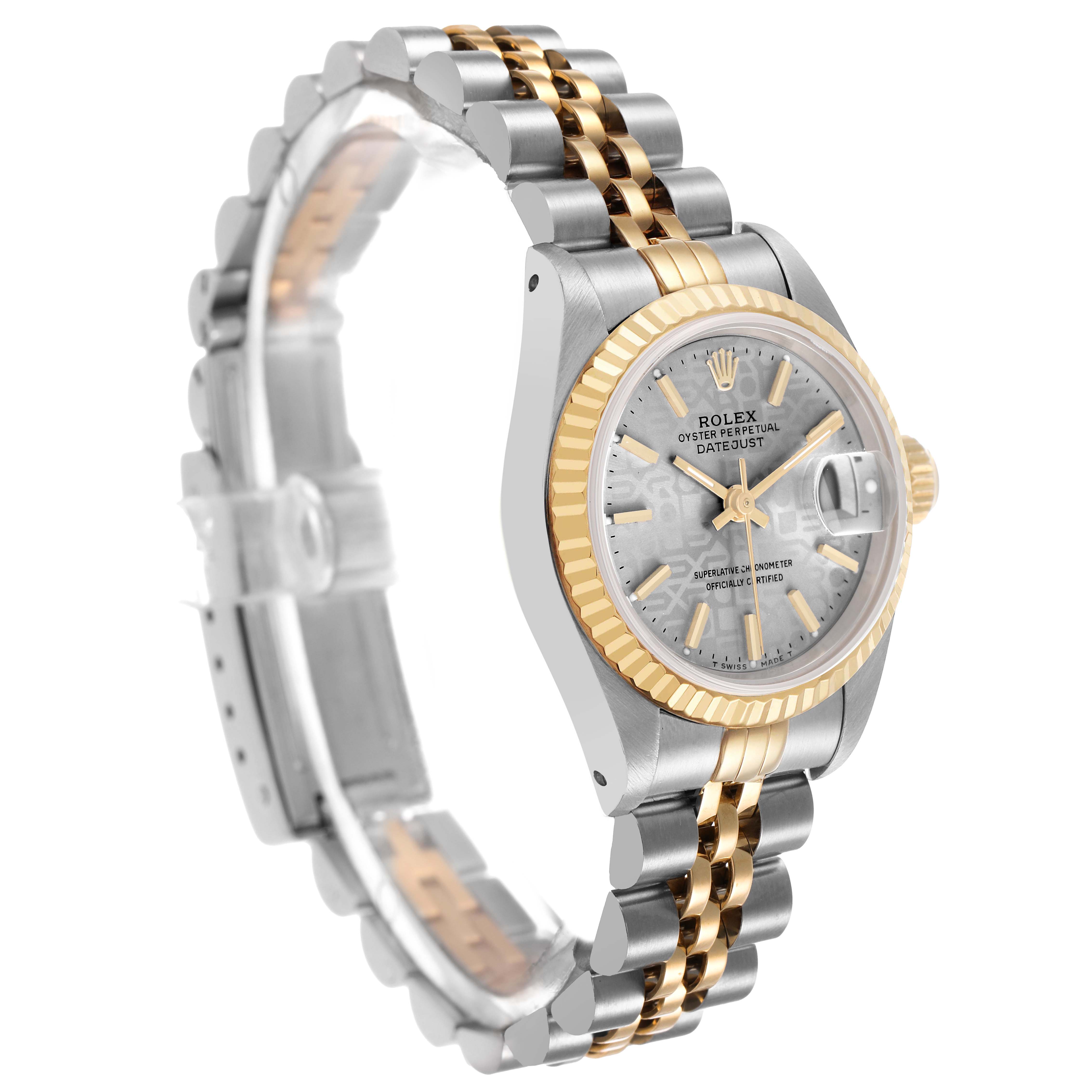 The Rolex Datejust 69173 Women's Steel and Gold (two tone) Silver Dial watch is shown at a three-quarter angle, highlighting the face, bezel, case, and bracelet.