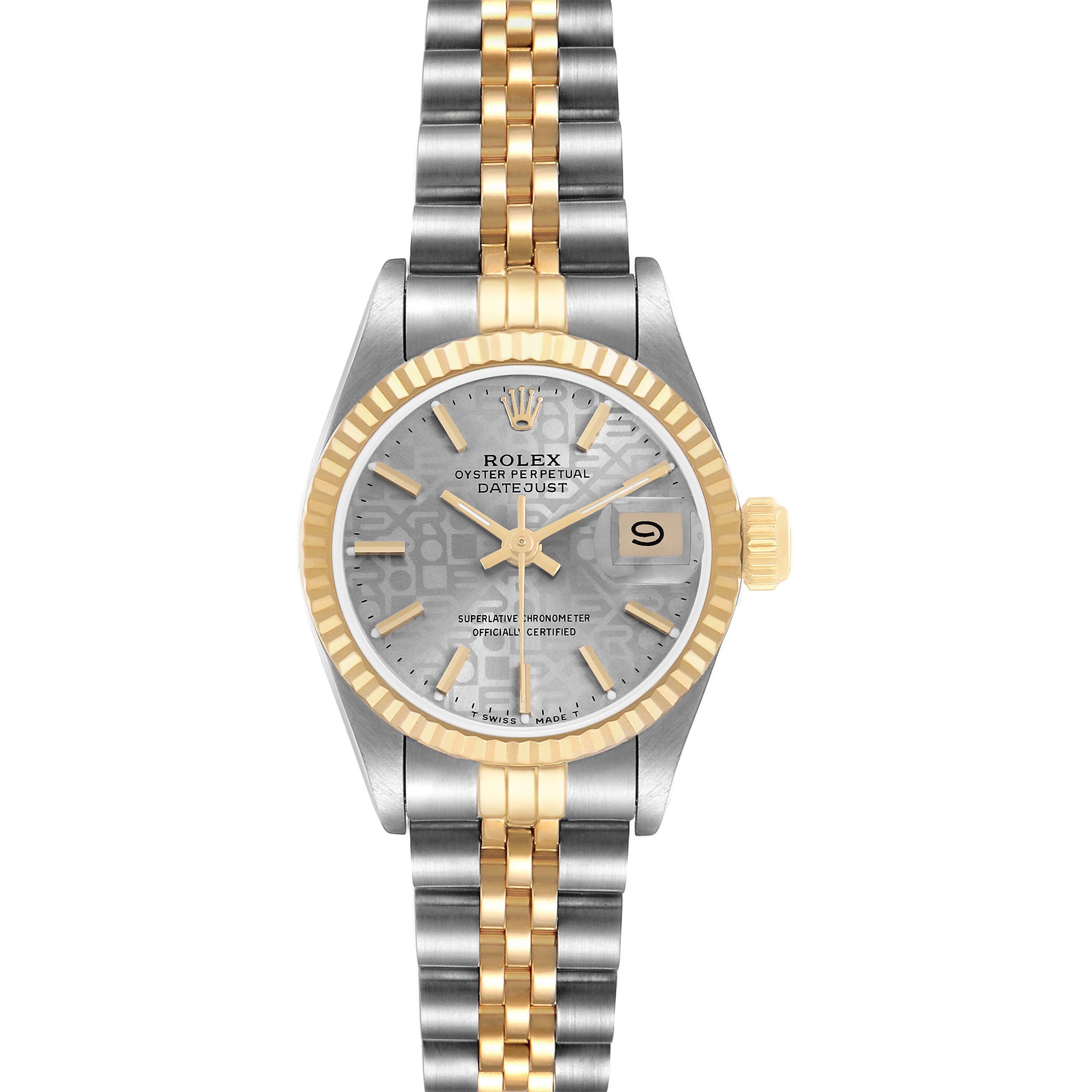 The Rolex Datejust 69173 Women's Steel and Gold (two tone) Silver Dial watch is shown from the front, highlighting the dial, bezel, bracelet, and cyclops lens.