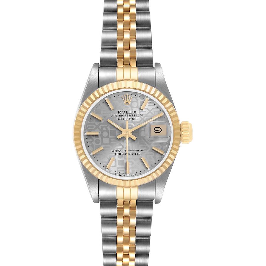 The Rolex Datejust 69173 Women's Steel and Gold (two tone) Silver Dial watch is shown from the front, highlighting the dial, bezel, bracelet, and cyclops lens.