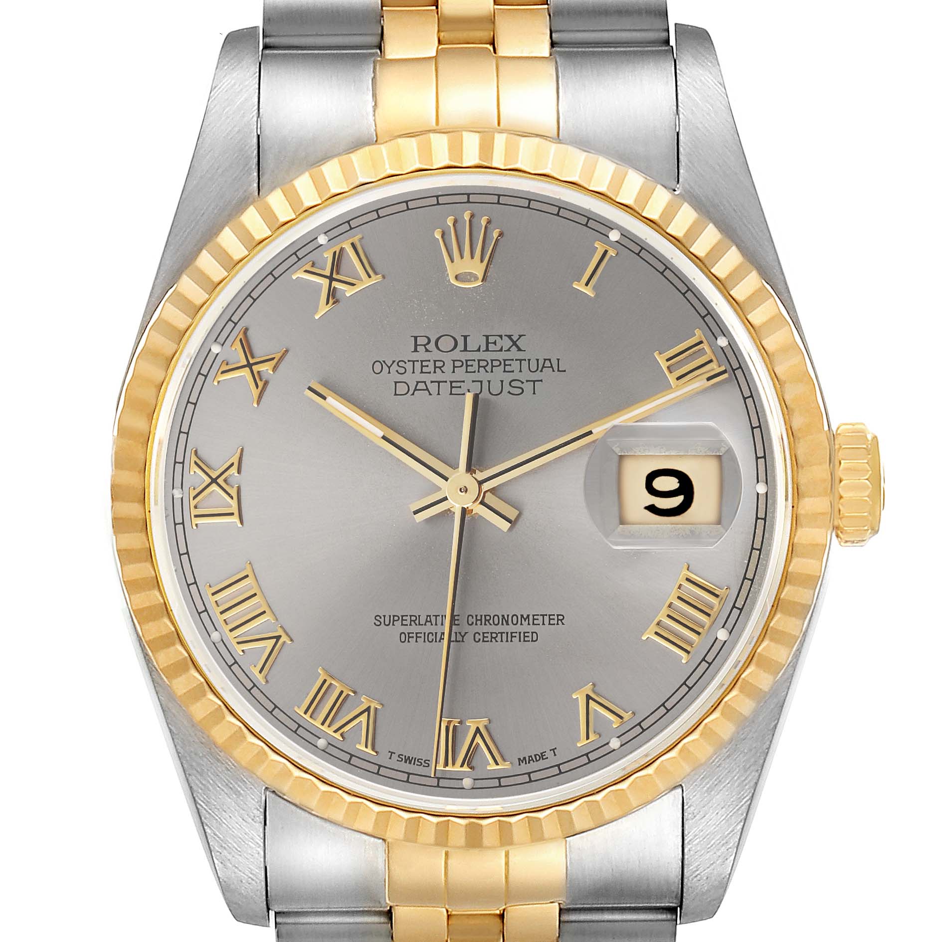 This image shows a front view of the Rolex Datejust 16233 Men
s Steel and Gold (two tone) Grey Dial 16233 Men
s Steel and Gold (two tone) Grey Dial watch, highlighting the dial, hands, date window, and part of the bracelet.