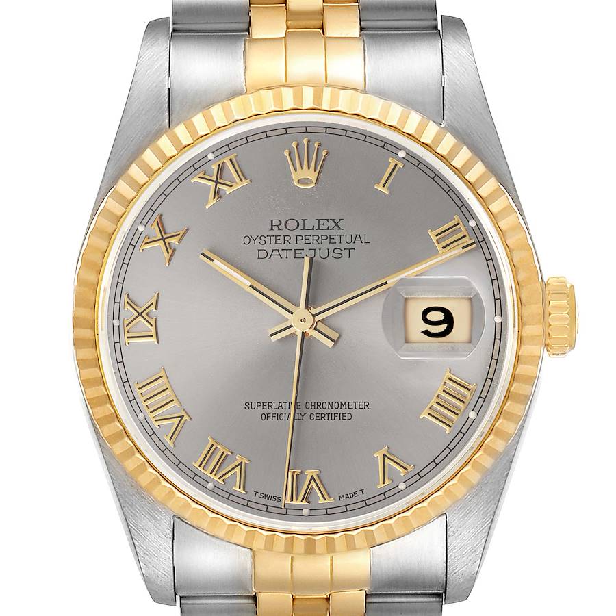 This image shows a front view of the Rolex Datejust watch, highlighting the dial, hands, date window, and part of the bracelet.
