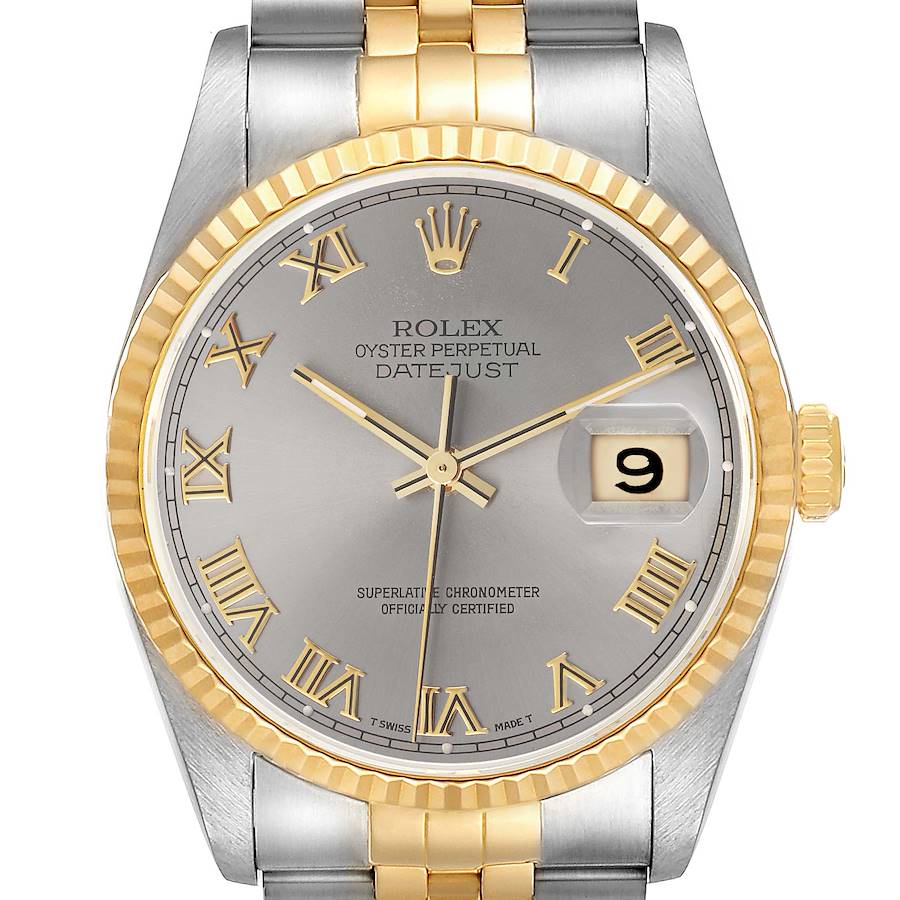 Rolex Datejust Steel Yellow Gold Slate Roman Dial Mens Watch 16233 SwissWatchExpo