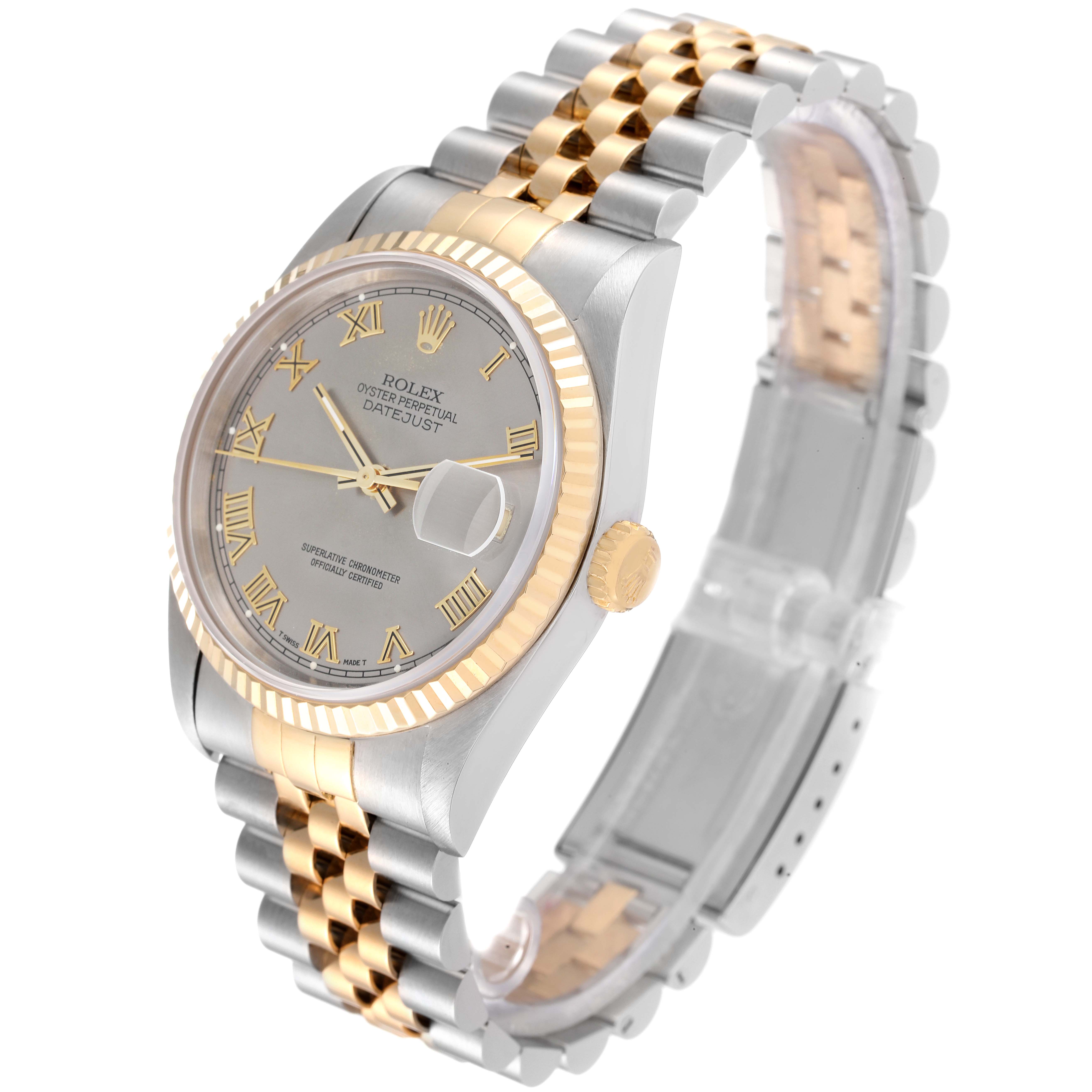 The image shows a Rolex Datejust 16233 Men
s Steel and Gold (two tone) Grey Dial 16233 Men
s Steel and Gold (two tone) Grey Dial watch at an angled side view, highlighting the dial, bezel, bracelet, and crown.