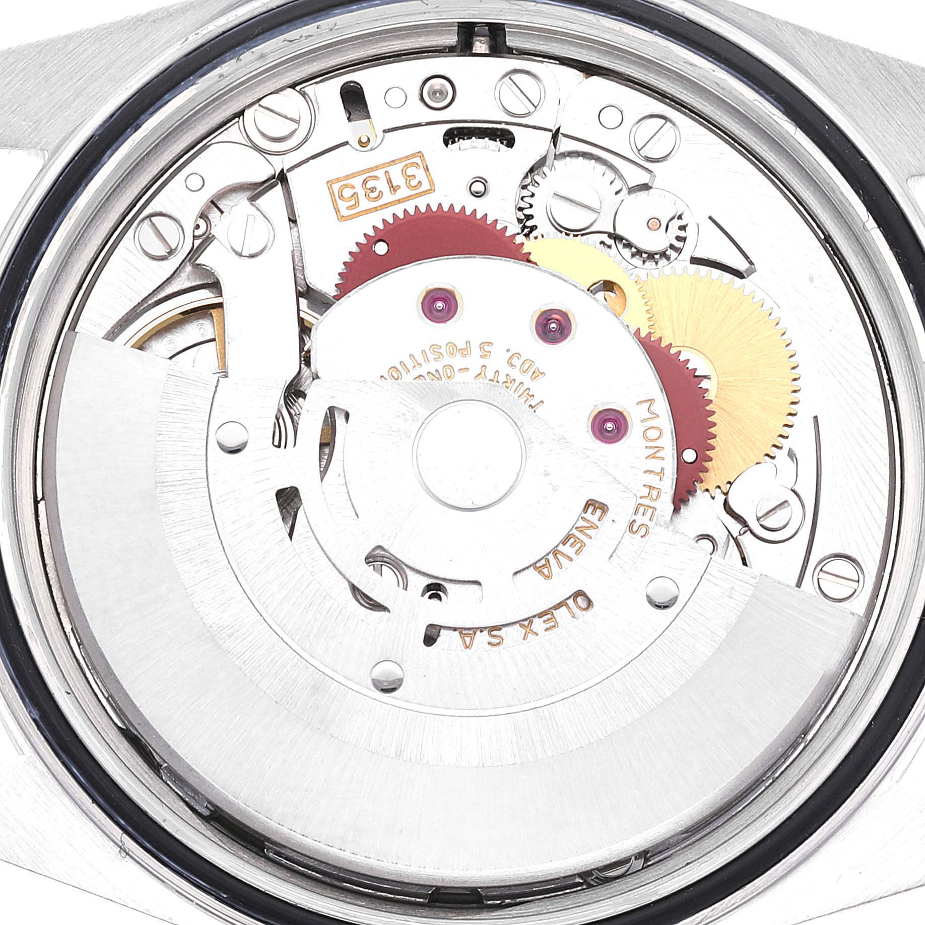 This image shows the movement mechanism of the Rolex Datejust 16233 Men
s Steel and Gold (two tone) Grey Dial 16233 Men
s Steel and Gold (two tone) Grey Dial watch viewed from the back.