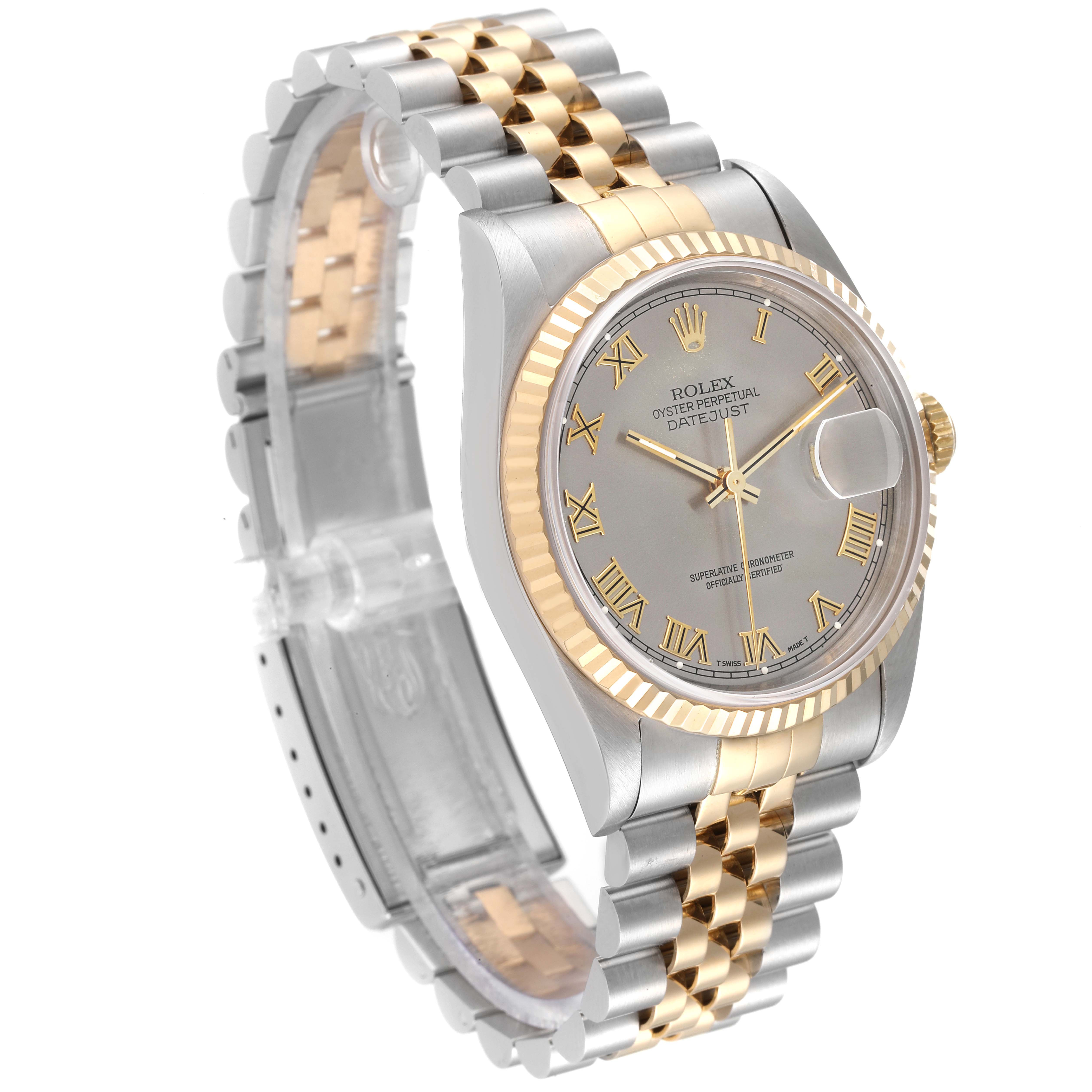 The Rolex Datejust 16233 Men
s Steel and Gold (two tone) Grey Dial 16233 Men
s Steel and Gold (two tone) Grey Dial watch is shown at an angled view, highlighting its two-tone bracelet, fluted bezel, and dial with Roman numerals.