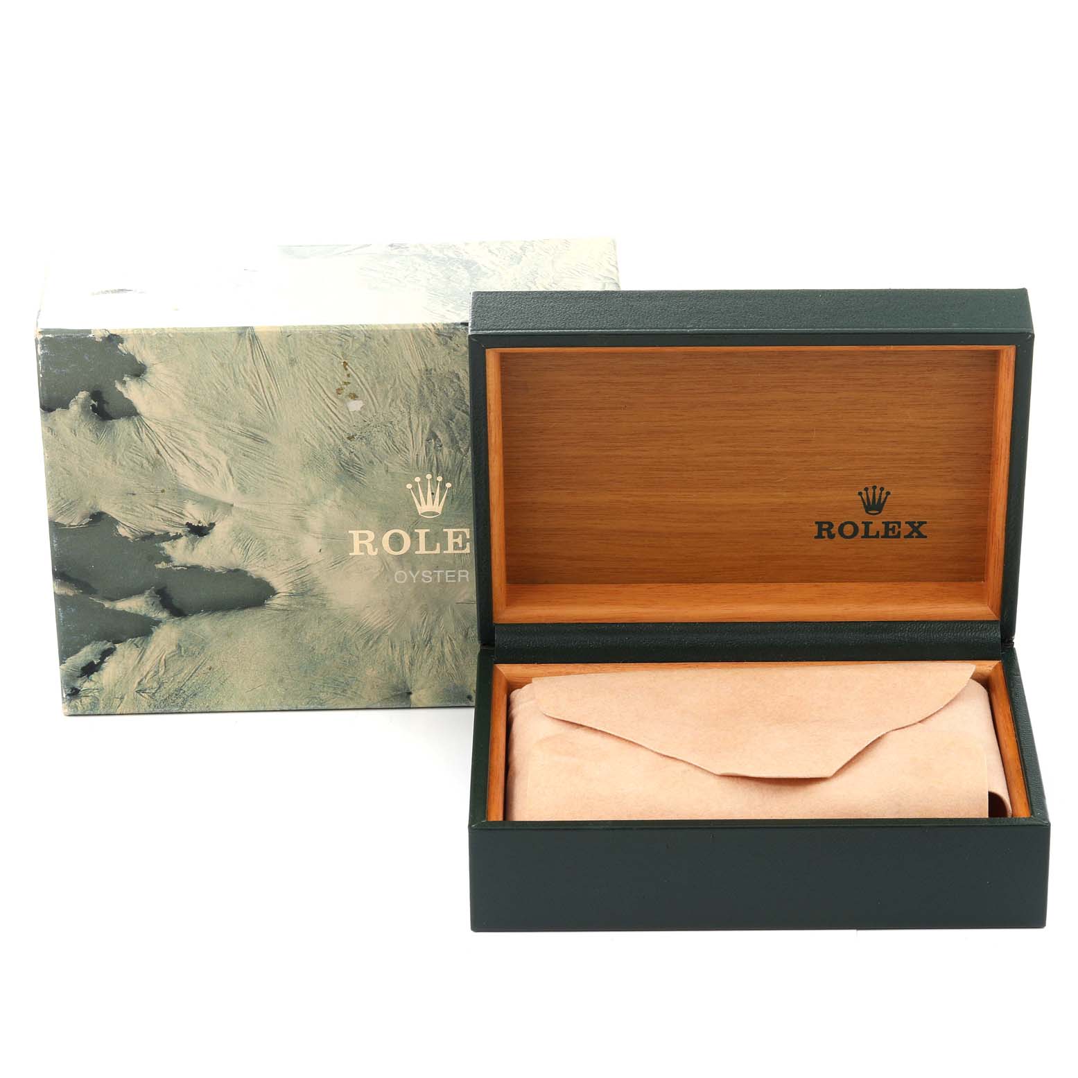 The image shows a Rolex Datejust 16233 Men
s Steel and Gold (two tone) Grey Dial 16233 Men
s Steel and Gold (two tone) Grey Dial box and packaging, including an open wooden box and an exterior marbled green box.