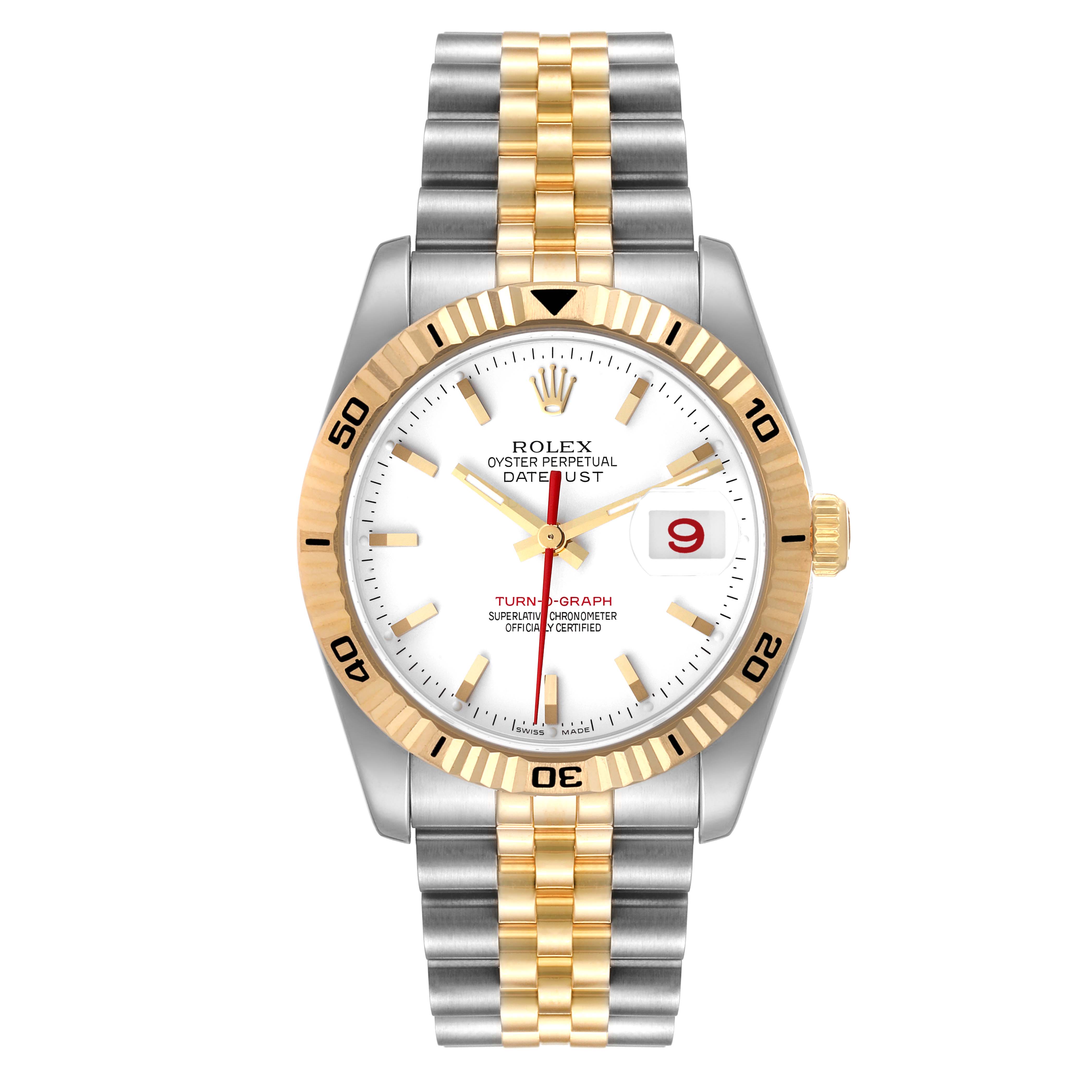 This image shows the front view of a Rolex Turn-o-Graph 116263 Men's Steel and Gold (two tone) White Dial 116263 Men's Steel and Gold (two tone) White Dial watch, featuring the dial, bezel, bracelet, and date window.