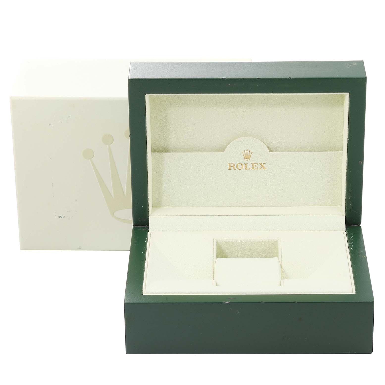 This image shows an open Rolex Turn-o-Graph 116263 Men's Steel and Gold (two tone) White Dial 116263 Men's Steel and Gold (two tone) White Dial watch box with an outer box in the background.