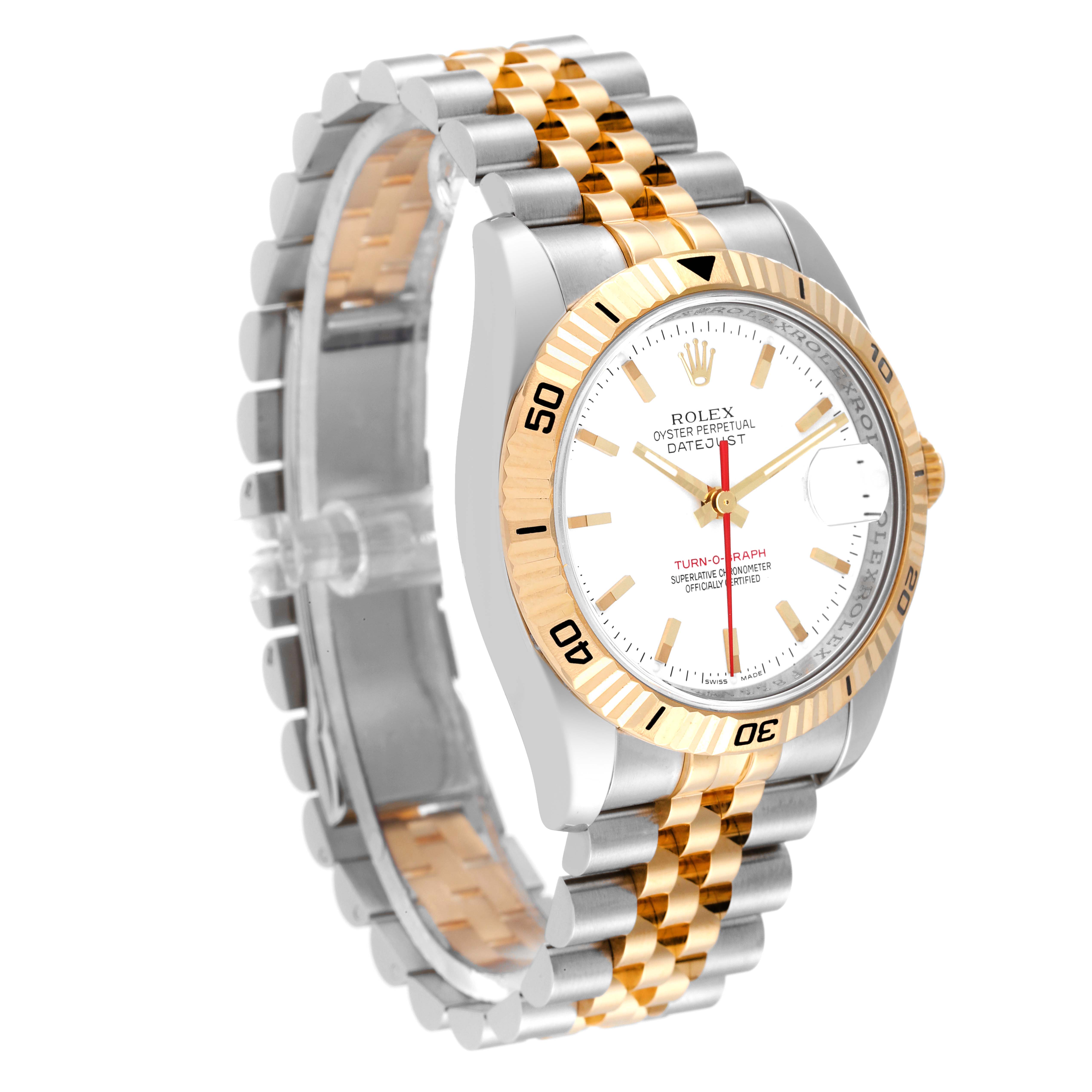 The image shows a Rolex Turn-o-Graph 116263 Men's Steel and Gold (two tone) White Dial 116263 Men's Steel and Gold (two tone) White Dial watch at a three-quarter angle, highlighting the face, bezel, and two-tone bracelet.
