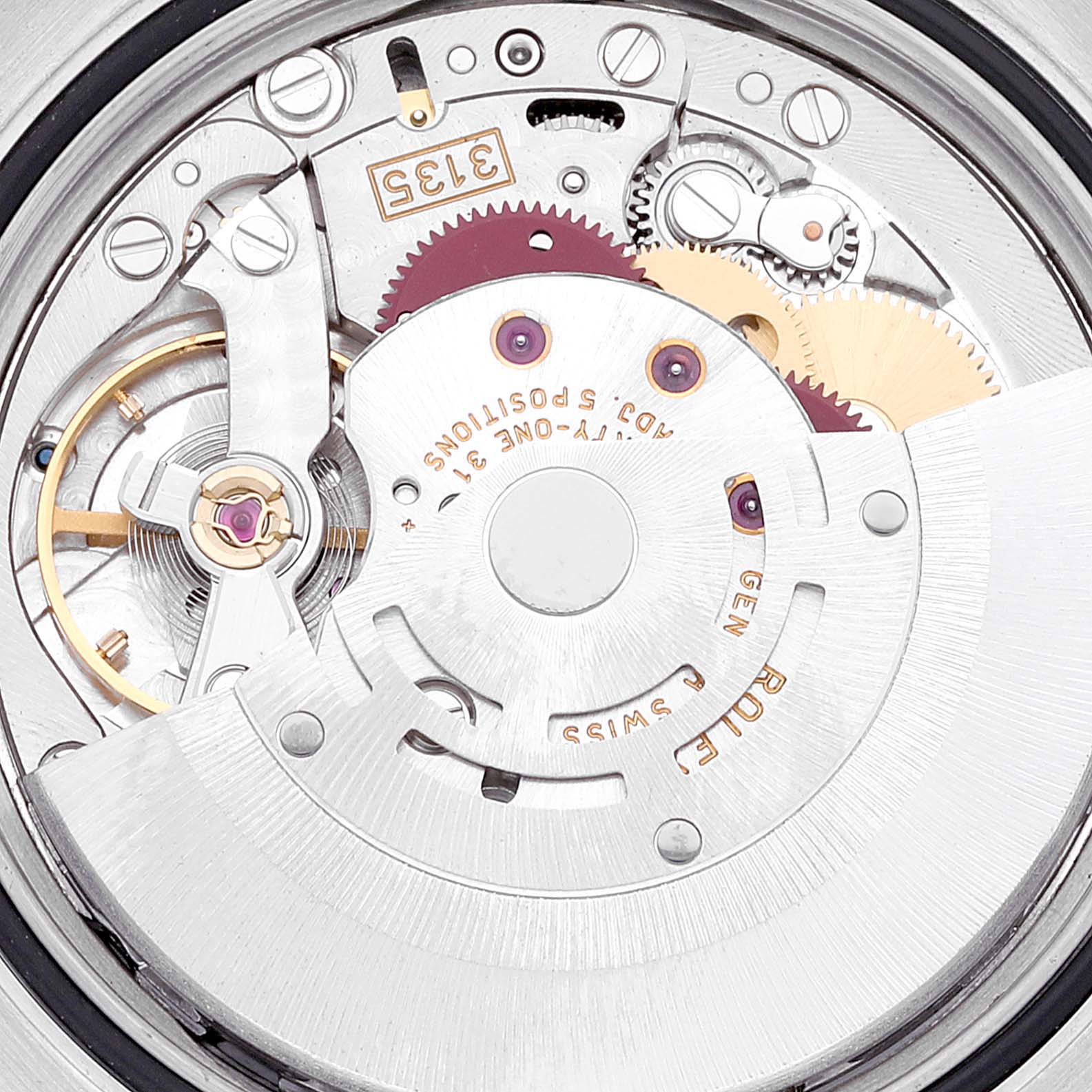 The image shows the movement mechanism of the Rolex Turn-o-Graph 116263 Men's Steel and Gold (two tone) White Dial 116263 Men's Steel and Gold (two tone) White Dial watch viewed from the back.