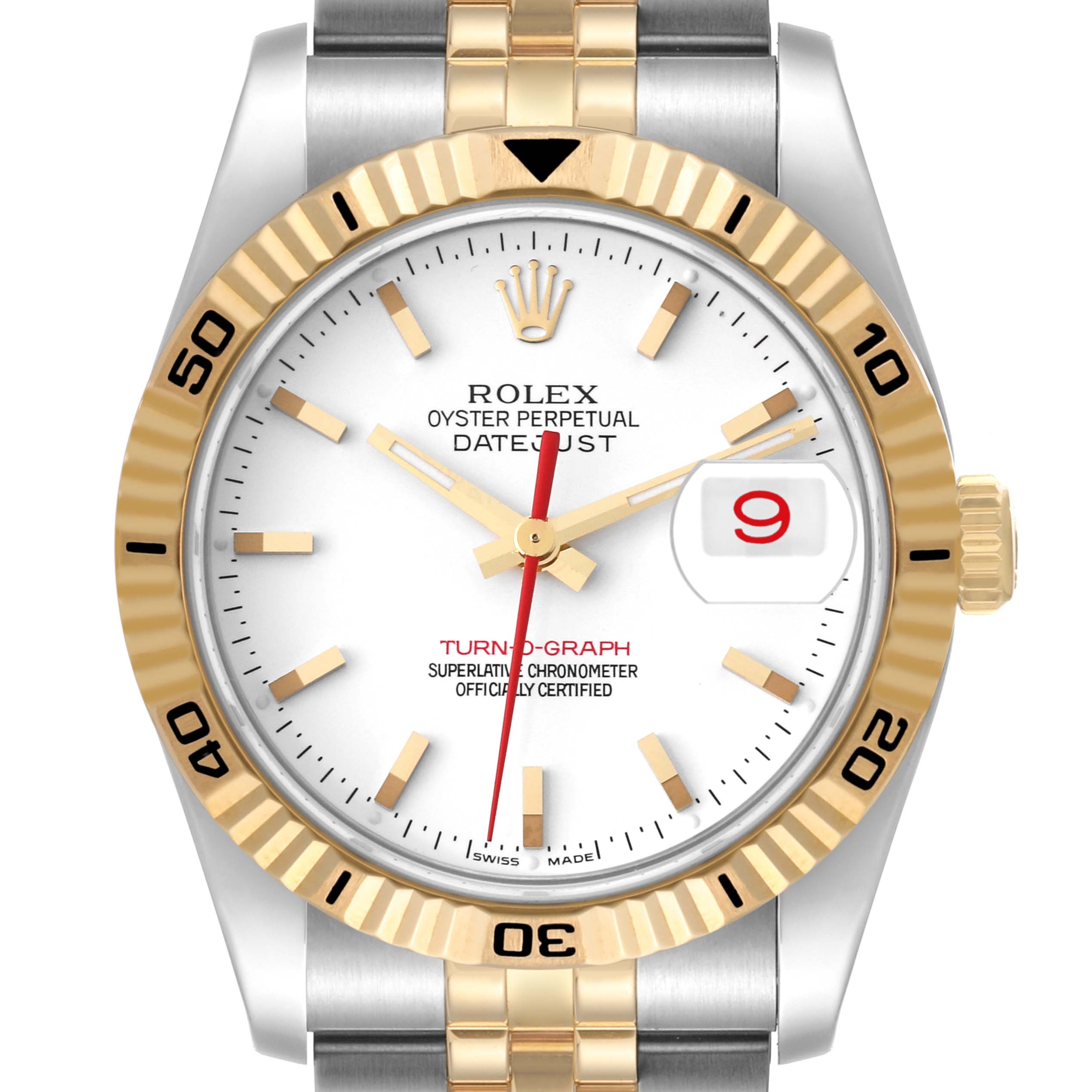 This image shows a front view of the Rolex Turn-o-Graph 116263 Men's Steel and Gold (two tone) White Dial 116263 Men's Steel and Gold (two tone) White Dial watch, displaying its dial, bezel, hands, date window, and part of the bracelet.