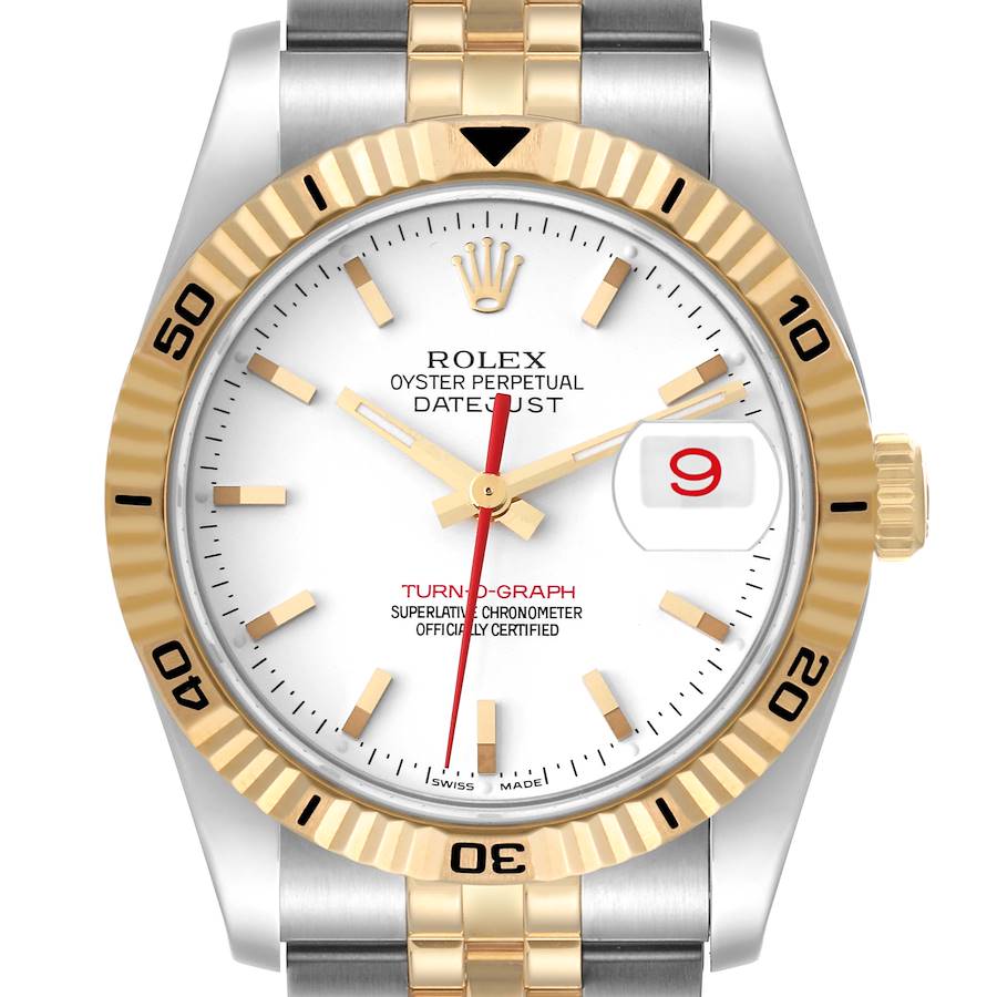 Rolex Datejust Turnograph 36mm Steel Yellow Gold White Dial Mens Watch 116263 SwissWatchExpo