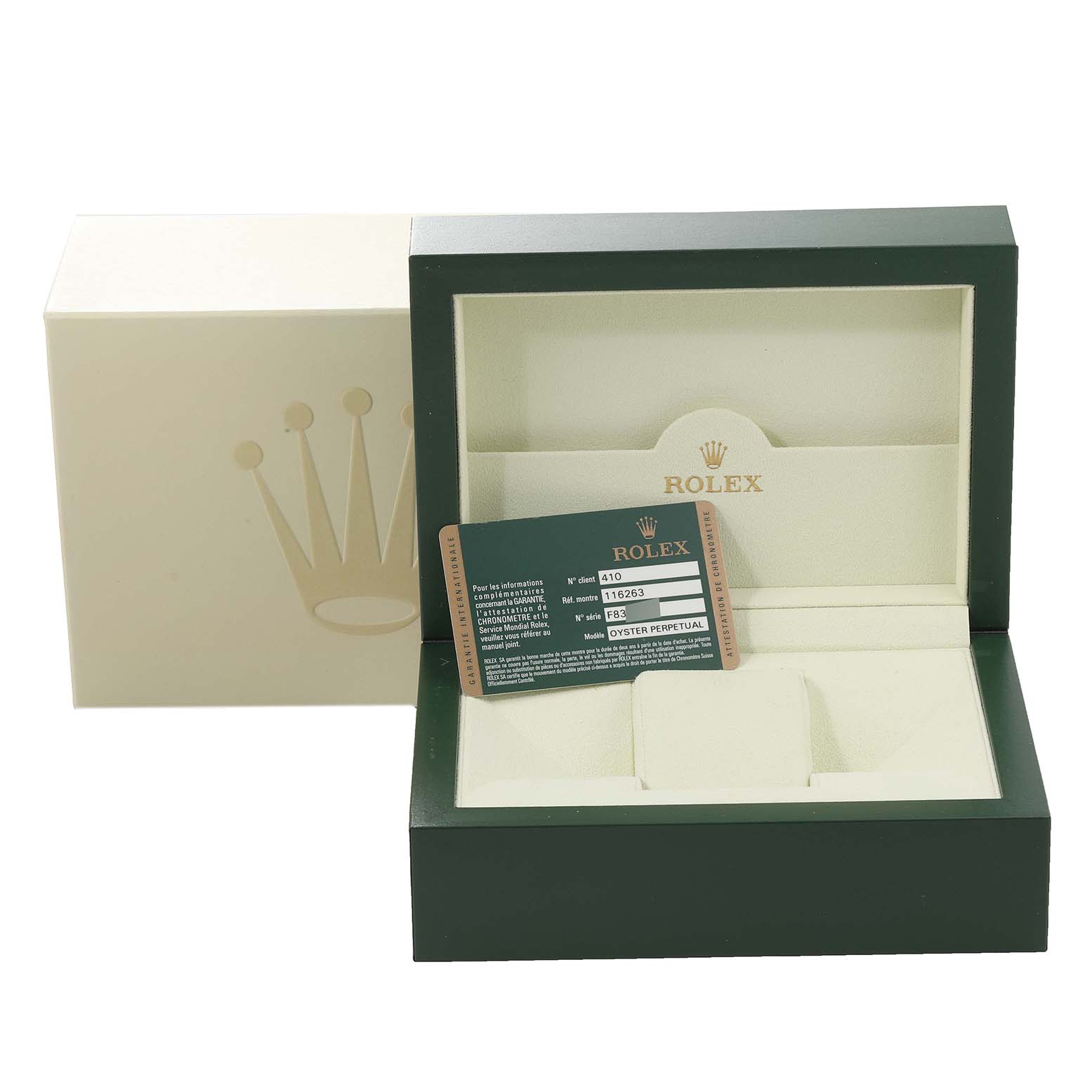 The image shows a Rolex Turn-o-Graph 116263 Men's Steel and Gold (two tone) White Dial 116263 Men's Steel and Gold (two tone) White Dial watch box, with a green warranty card displayed inside an open box.