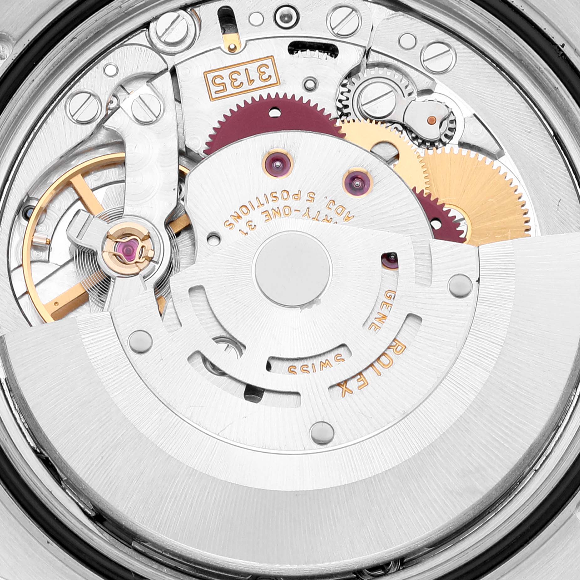 The image shows the movement mechanism of a Rolex Turn-o-Graph 116263 Men's Steel and Gold (two tone) White Dial 116263 Men's Steel and Gold (two tone) White Dial watch, focusing on its intricate internal components.