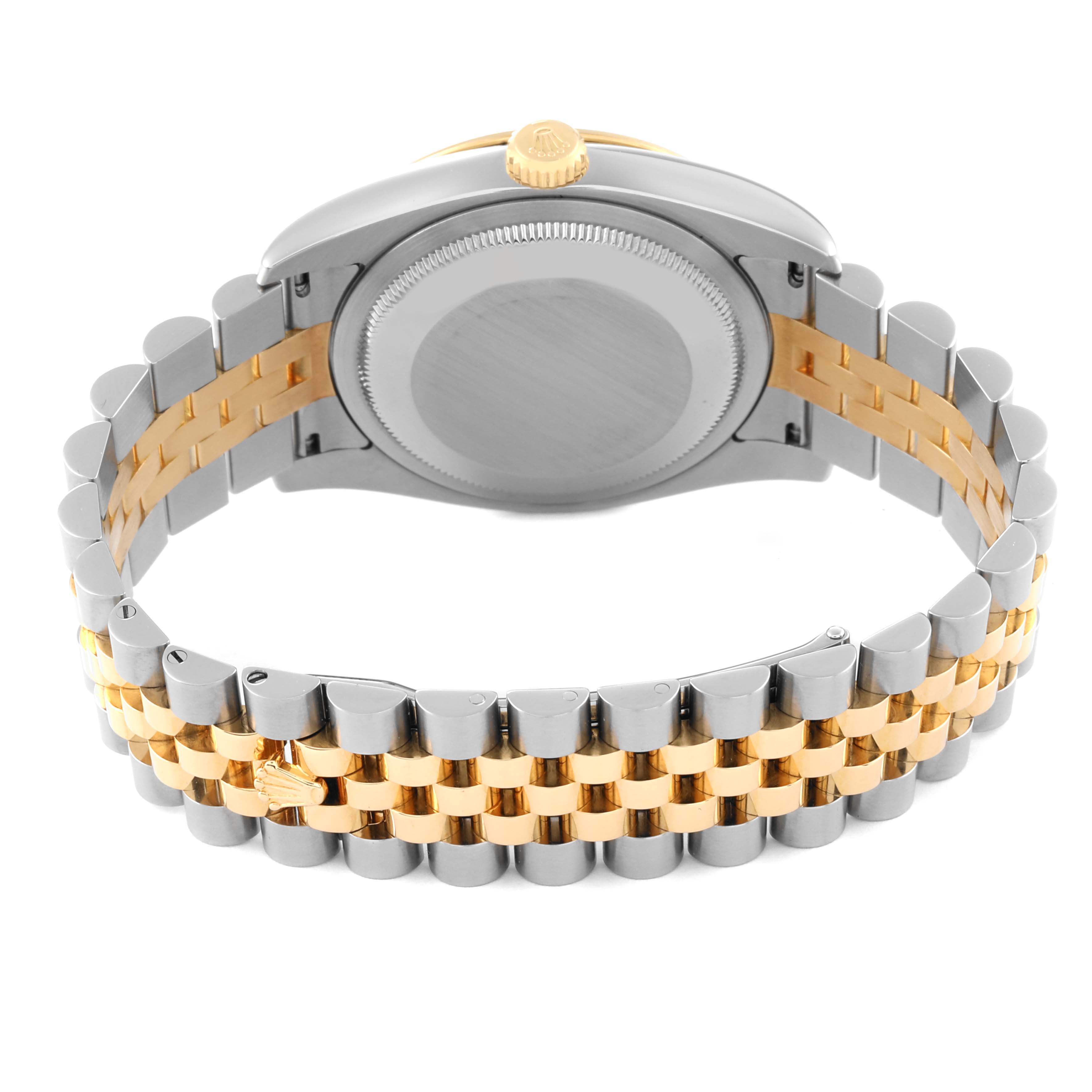 This image shows the back of a Rolex Turn-o-Graph 116263 Men's Steel and Gold (two tone) White Dial 116263 Men's Steel and Gold (two tone) White Dial watch with a two-tone silver and gold bracelet.