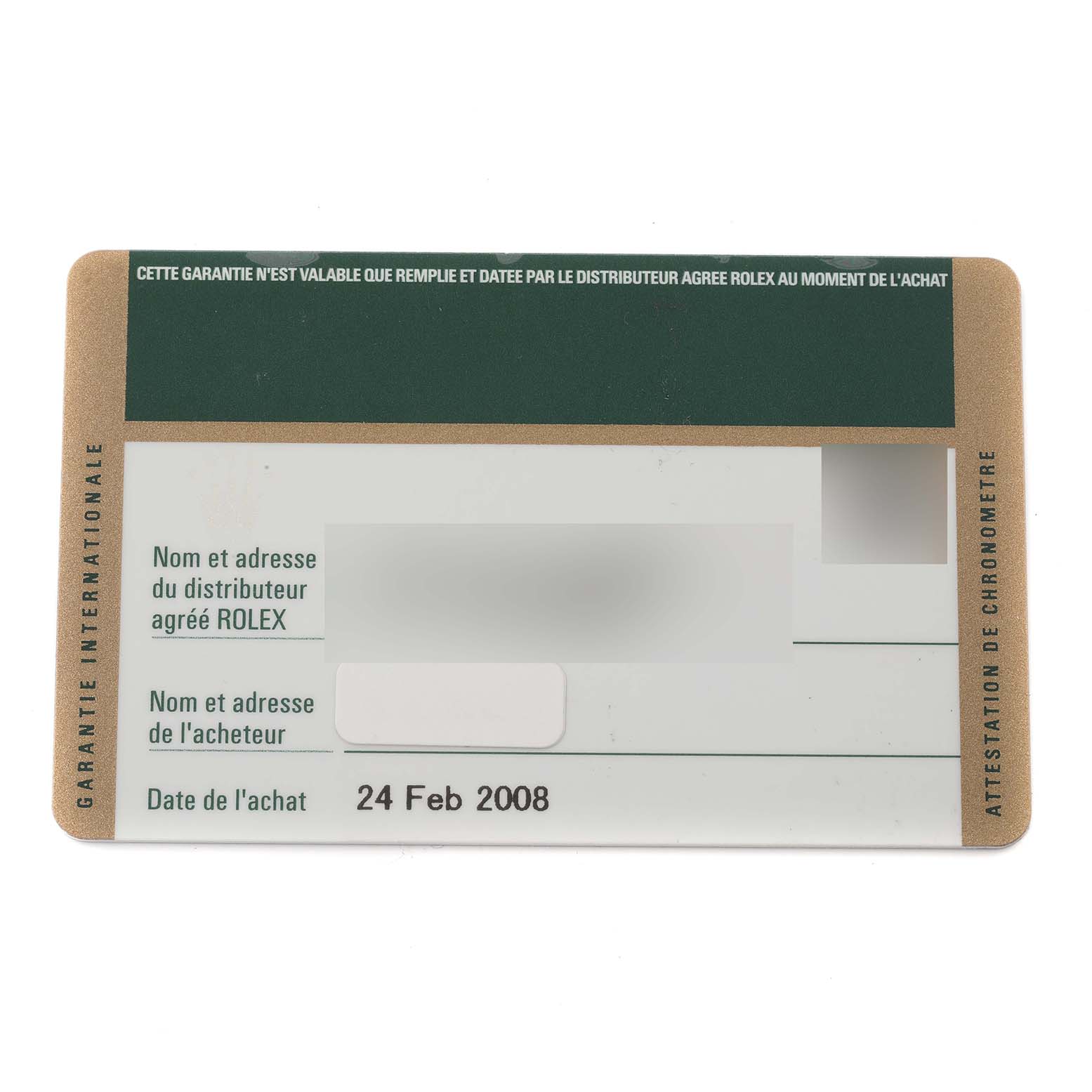 The image shows a warranty card for the Rolex Turn-o-Graph 116263 Men's Steel and Gold (two tone) White Dial 116263 Men's Steel and Gold (two tone) White Dial watch, viewed from the front.