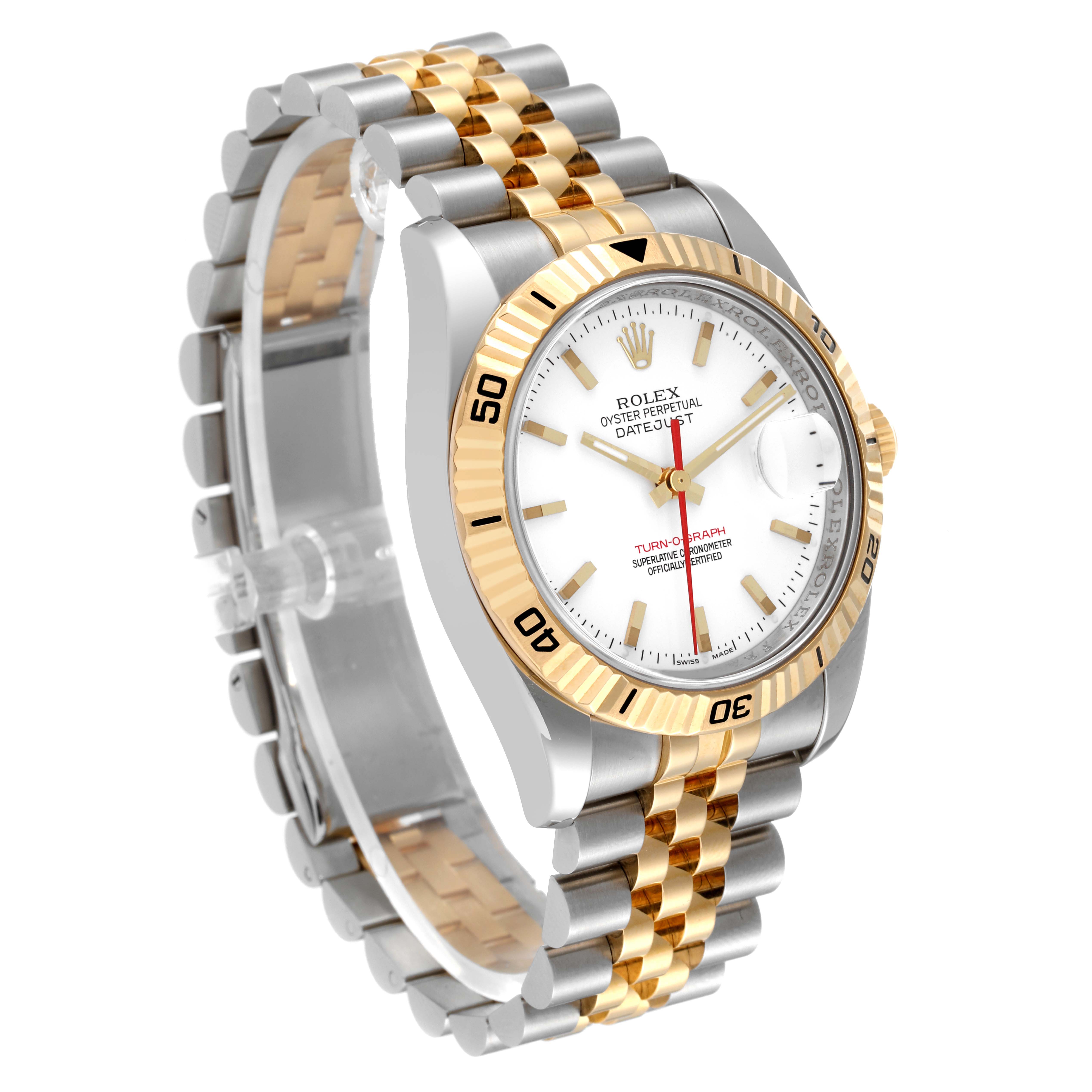 The image shows a Rolex Turn-o-Graph 116263 Men's Steel and Gold (two tone) White Dial 116263 Men's Steel and Gold (two tone) White Dial watch at a 3/4 angle, highlighting the watch face, gold bezel, and two-tone bracelet.