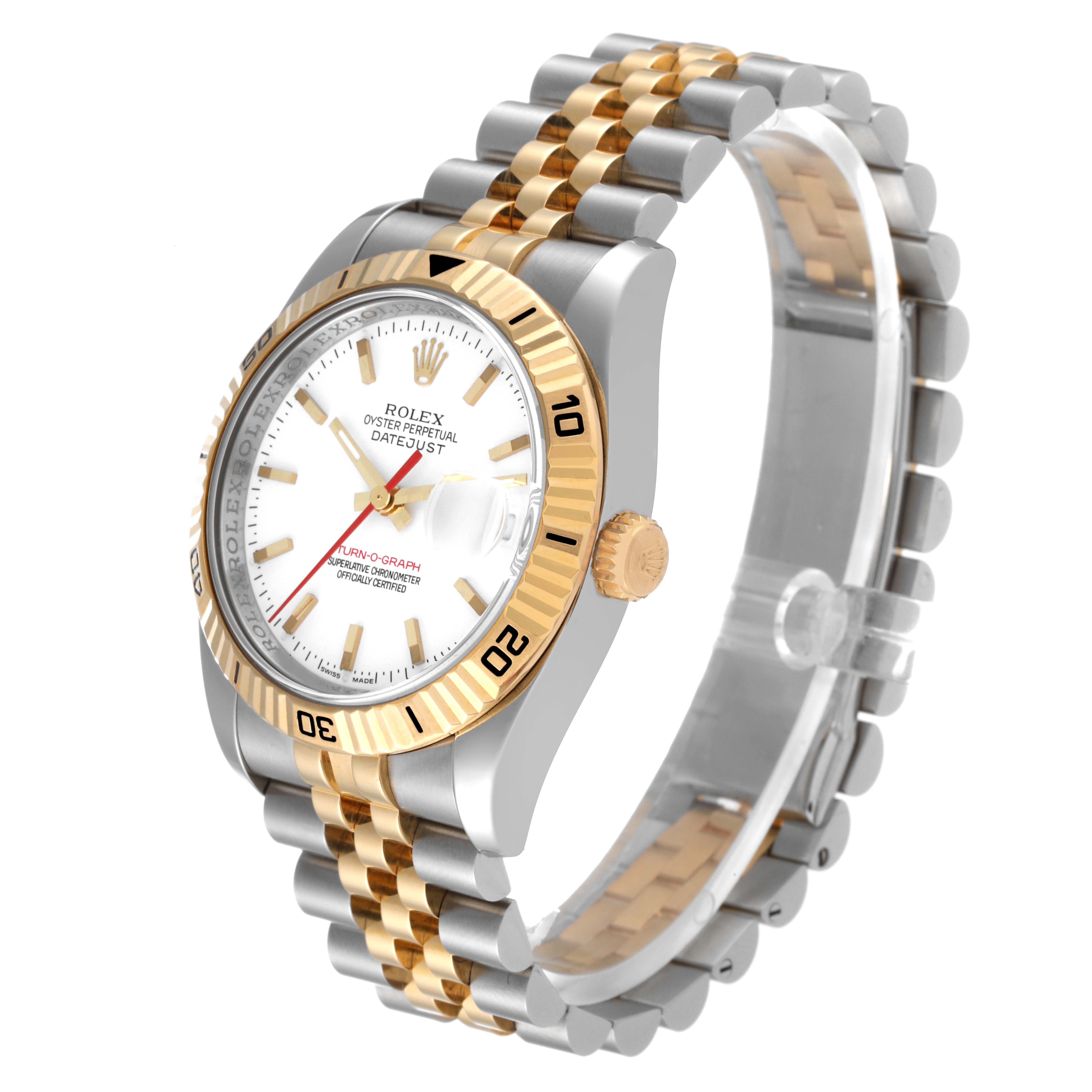 This image shows a Rolex Turn-o-Graph 116263 Men's Steel and Gold (two tone) White Dial 116263 Men's Steel and Gold (two tone) White Dial watch from a three-quarter angle, highlighting the bezel, dial, and jubilee bracelet.