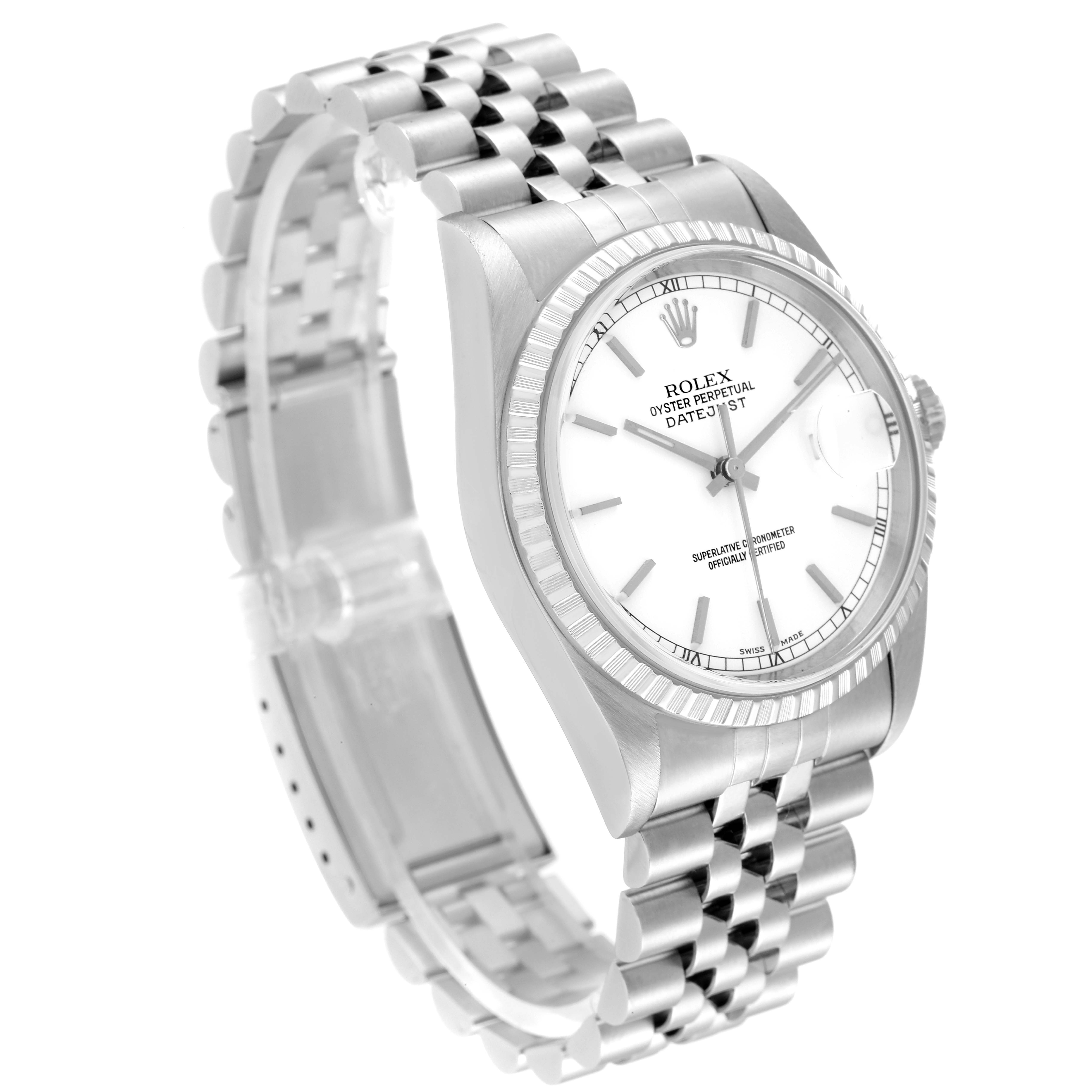 This image shows a Rolex Datejust 16220 Men's Stainless Steel White Dial 16220 Men's Stainless Steel White Dial watch at an angle displaying the dial, bezel, and part of the bracelet with an open clasp.