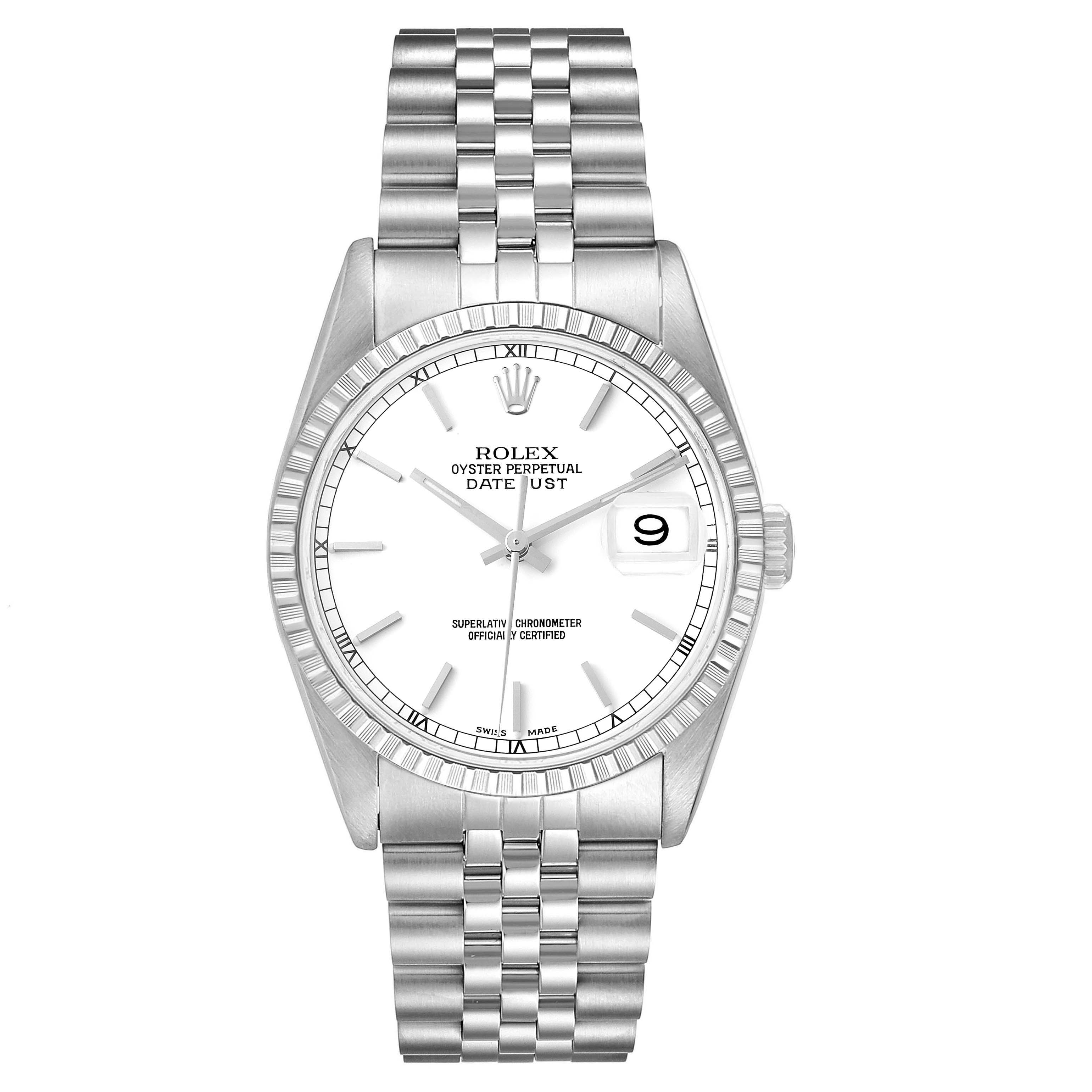 The image shows a front view of a Rolex Datejust 16220 Men's Stainless Steel White Dial 16220 Men's Stainless Steel White Dial watch, displaying its face, bezel, and bracelet.