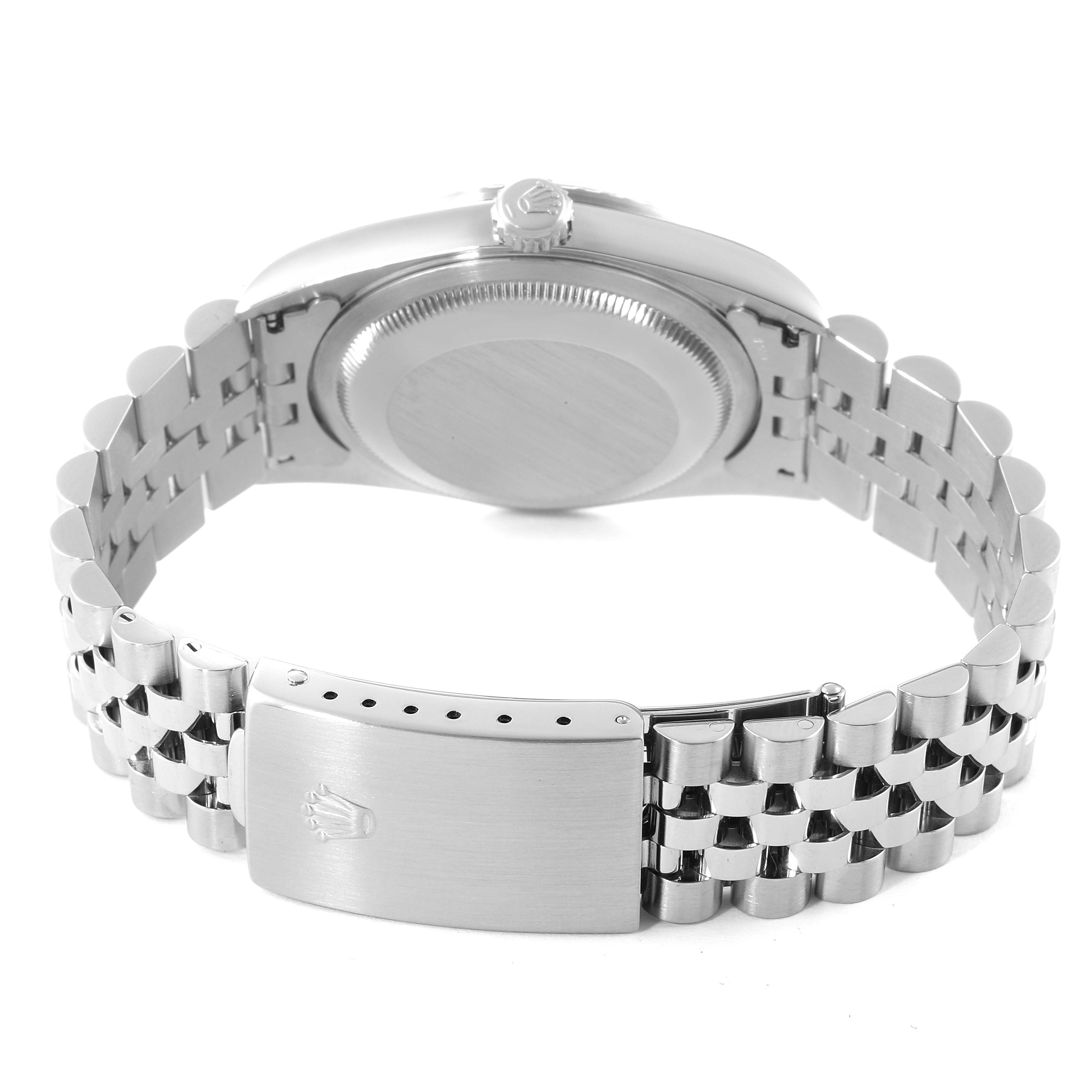 The image shows the backside of a Rolex Datejust 16220 Men's Stainless Steel White Dial 16220 Men's Stainless Steel White Dial watch, highlighting the case back and jubilee bracelet with the clasp open.