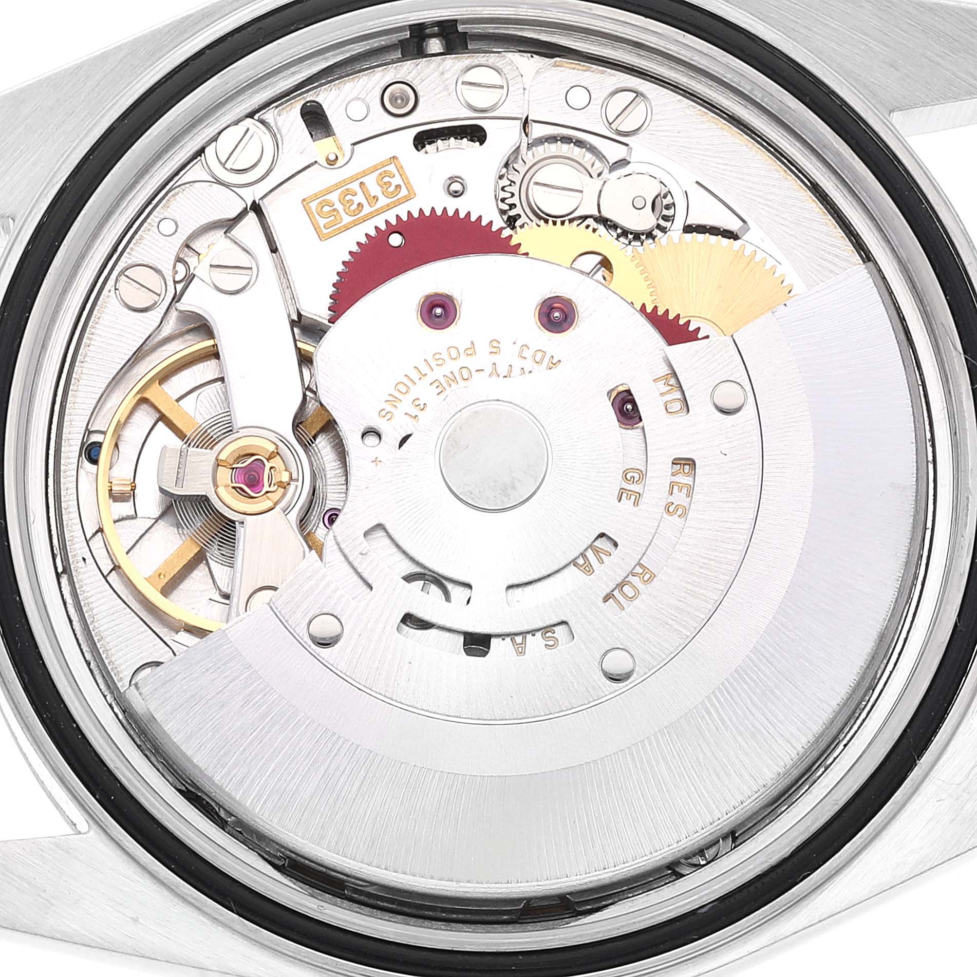 The image shows the movement and inner workings of a Rolex Datejust 16220 Men's Stainless Steel White Dial 16220 Men's Stainless Steel White Dial watch viewed from the back.