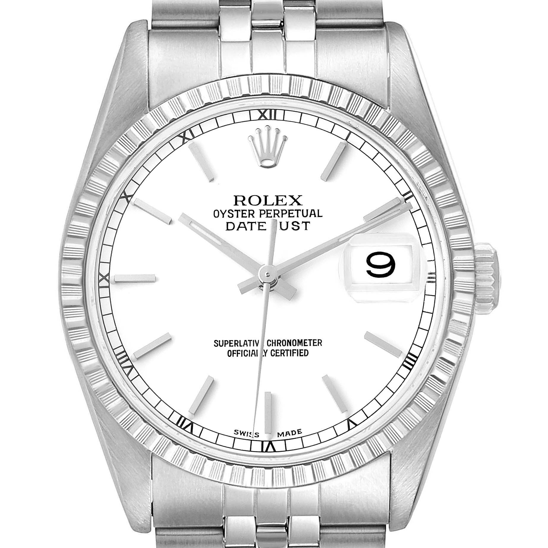 The image shows the front view of a Rolex Datejust 16220 Men's Stainless Steel White Dial 16220 Men's Stainless Steel White Dial watch, featuring the dial, hands, bezel, and part of the bracelet.