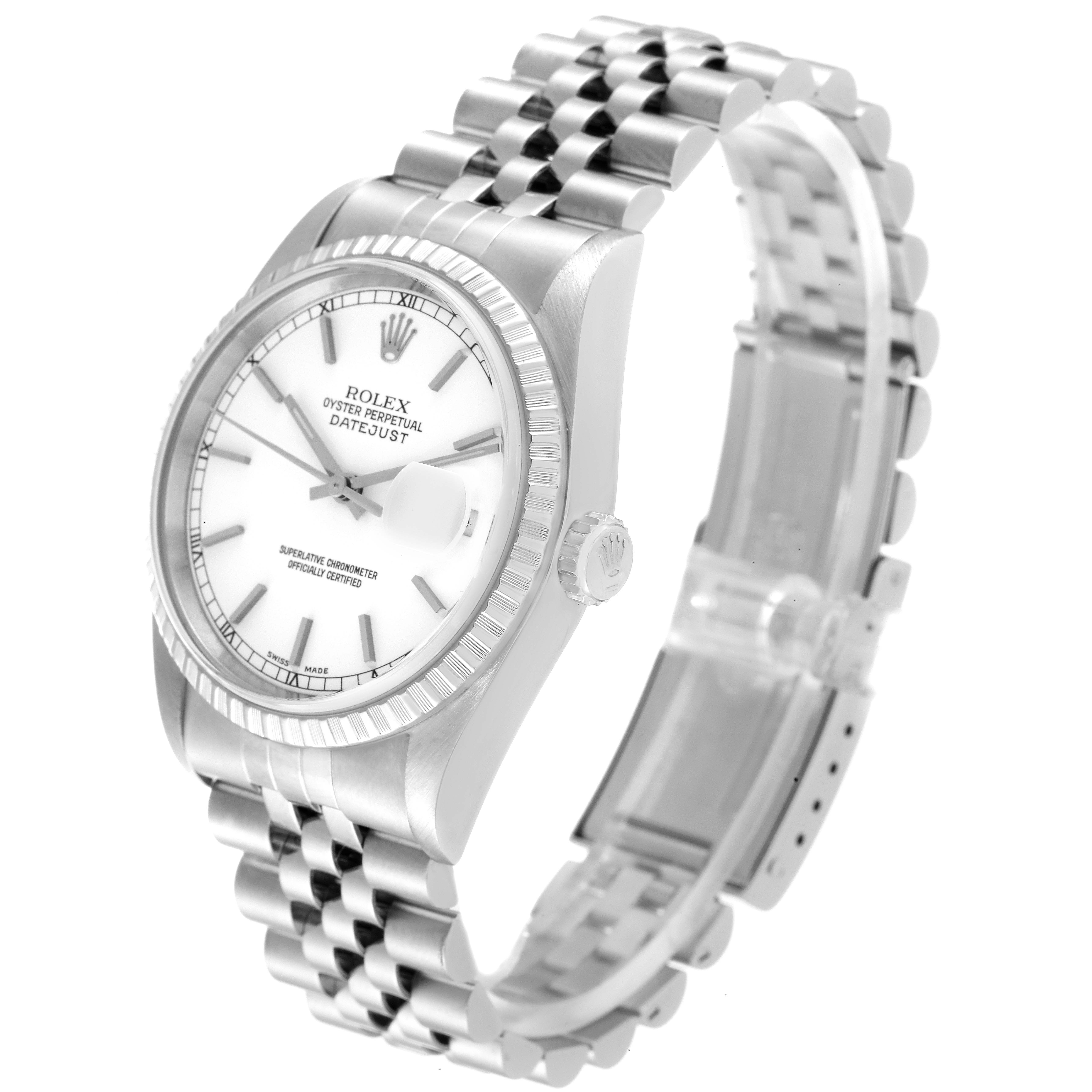 The image shows a side angle of a Rolex Datejust 16220 Men's Stainless Steel White Dial 16220 Men's Stainless Steel White Dial watch, displaying its face, bezel, crown, and jubilee bracelet.
