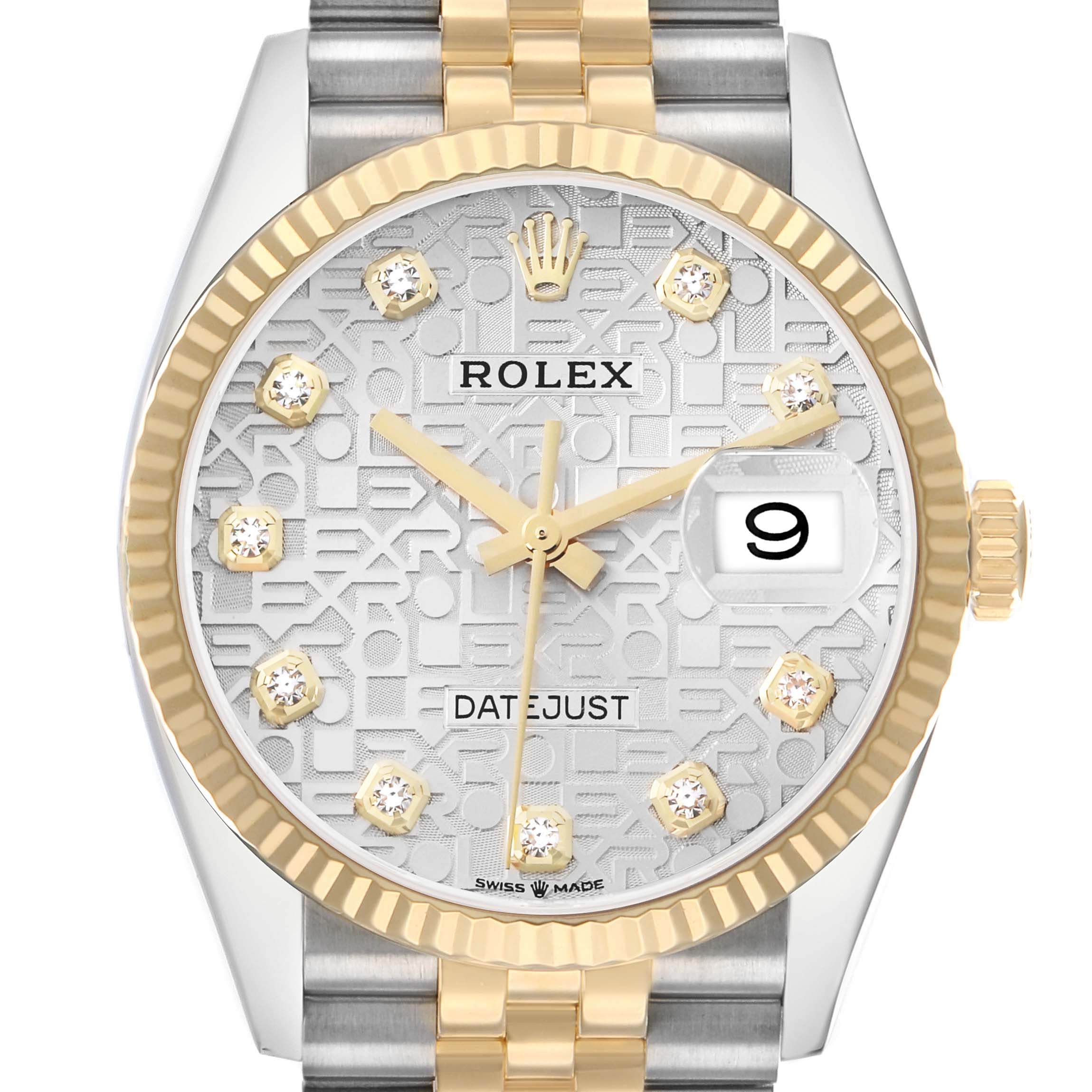 The Rolex Datejust 126233 Men's Steel and Gold (two tone) Silver Dial watch is shown from the front, highlighting the dial, crown, and part of the bracelet.