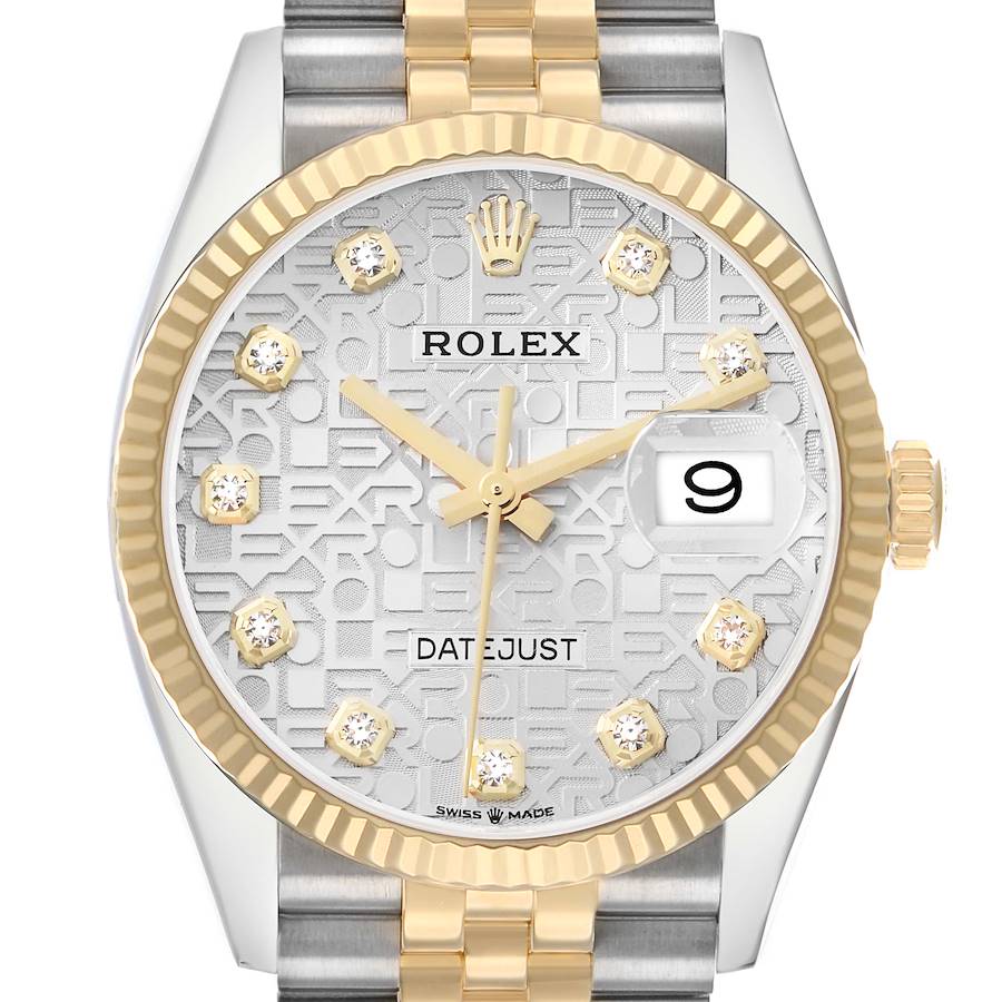 The Rolex Datejust 126233 Men's Steel and Gold (two tone) Silver Dial watch is shown from the front, highlighting the dial, crown, and part of the bracelet.