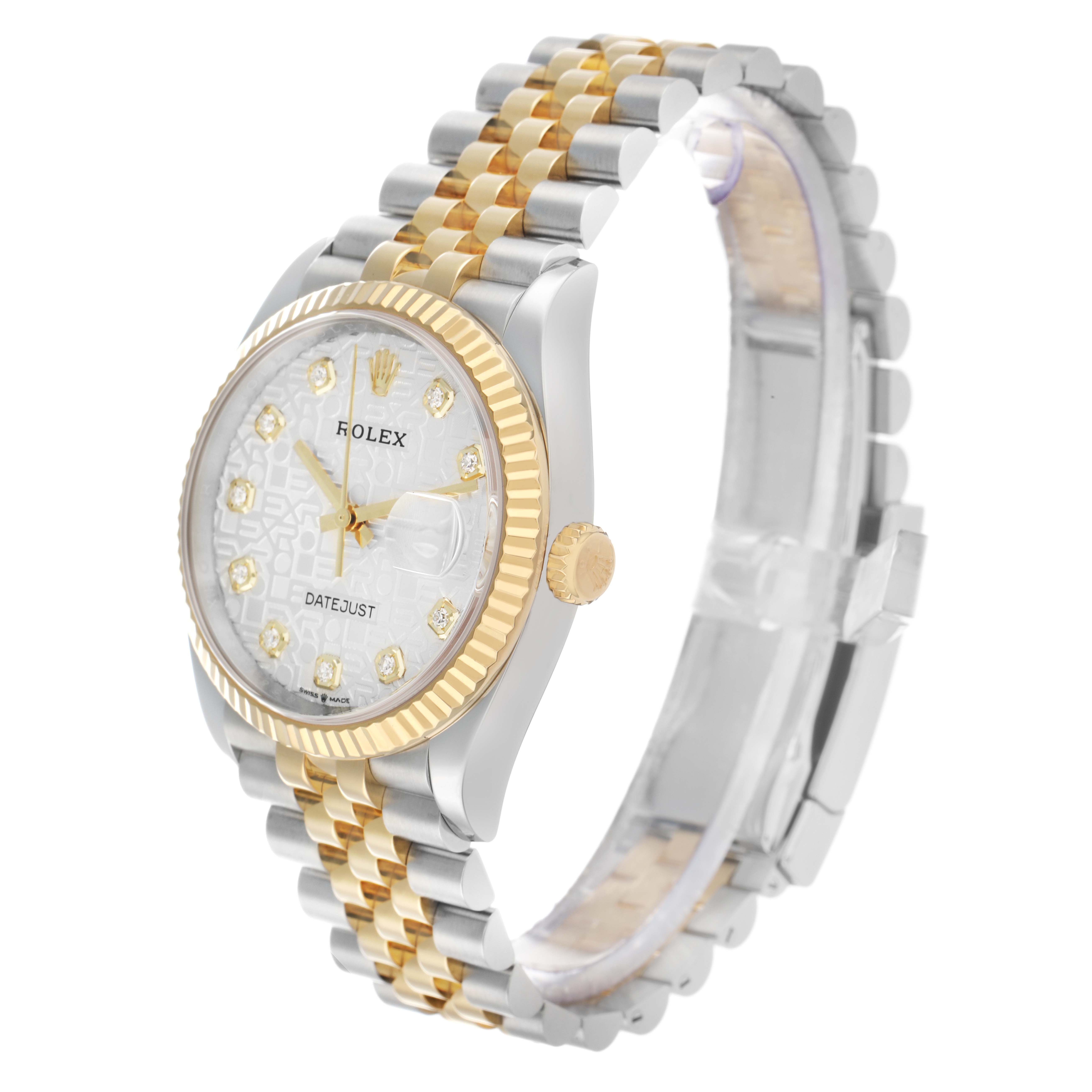 The Rolex Datejust 126233 Men's Steel and Gold (two tone) Silver Dial watch is shown at a three-quarter angle, highlighting the face, bezel, side case, and bracelet.