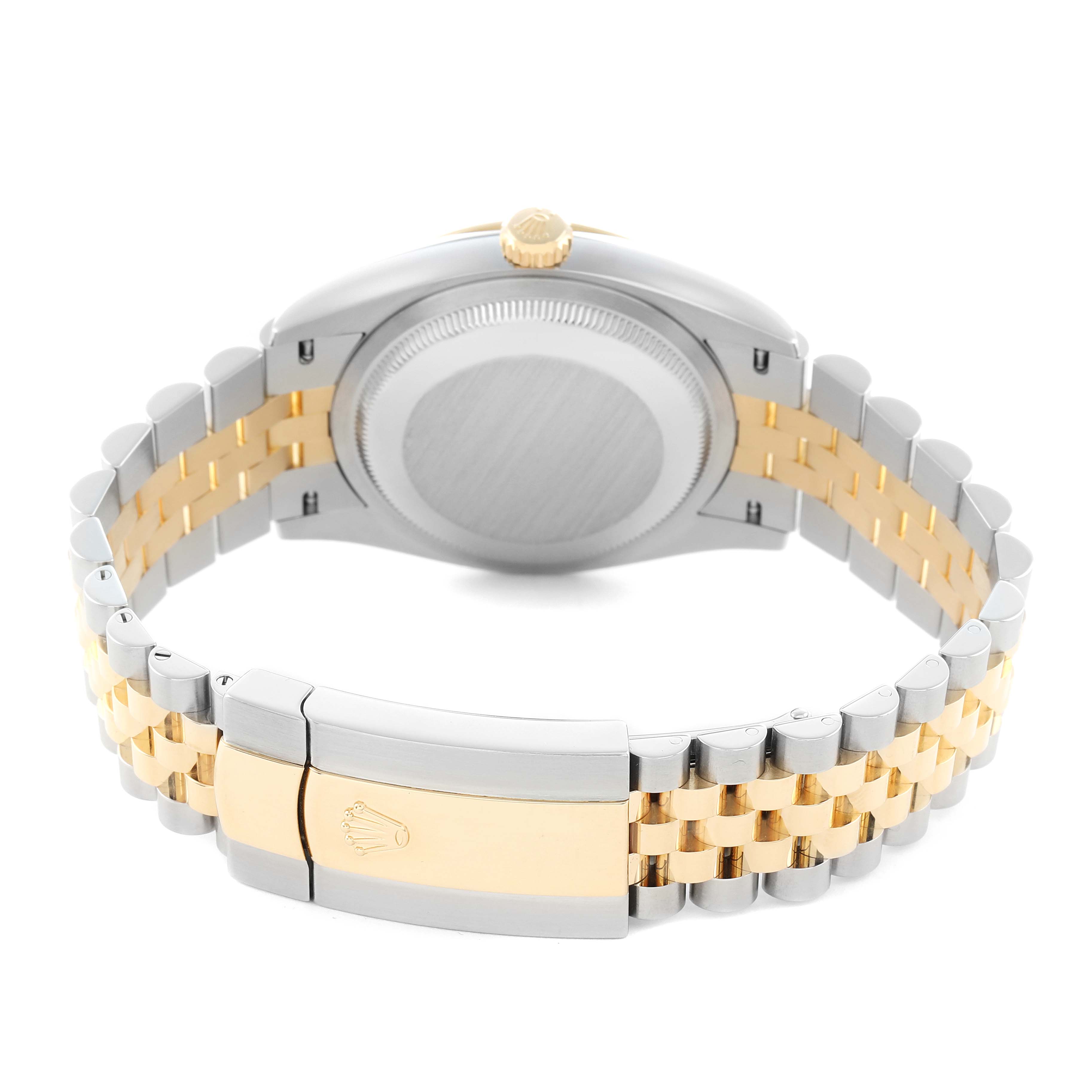 The image shows the back and bracelet of a Rolex Datejust 126233 Men's Steel and Gold (two tone) Silver Dial, highlighting the clasp and case back in a two-tone design.