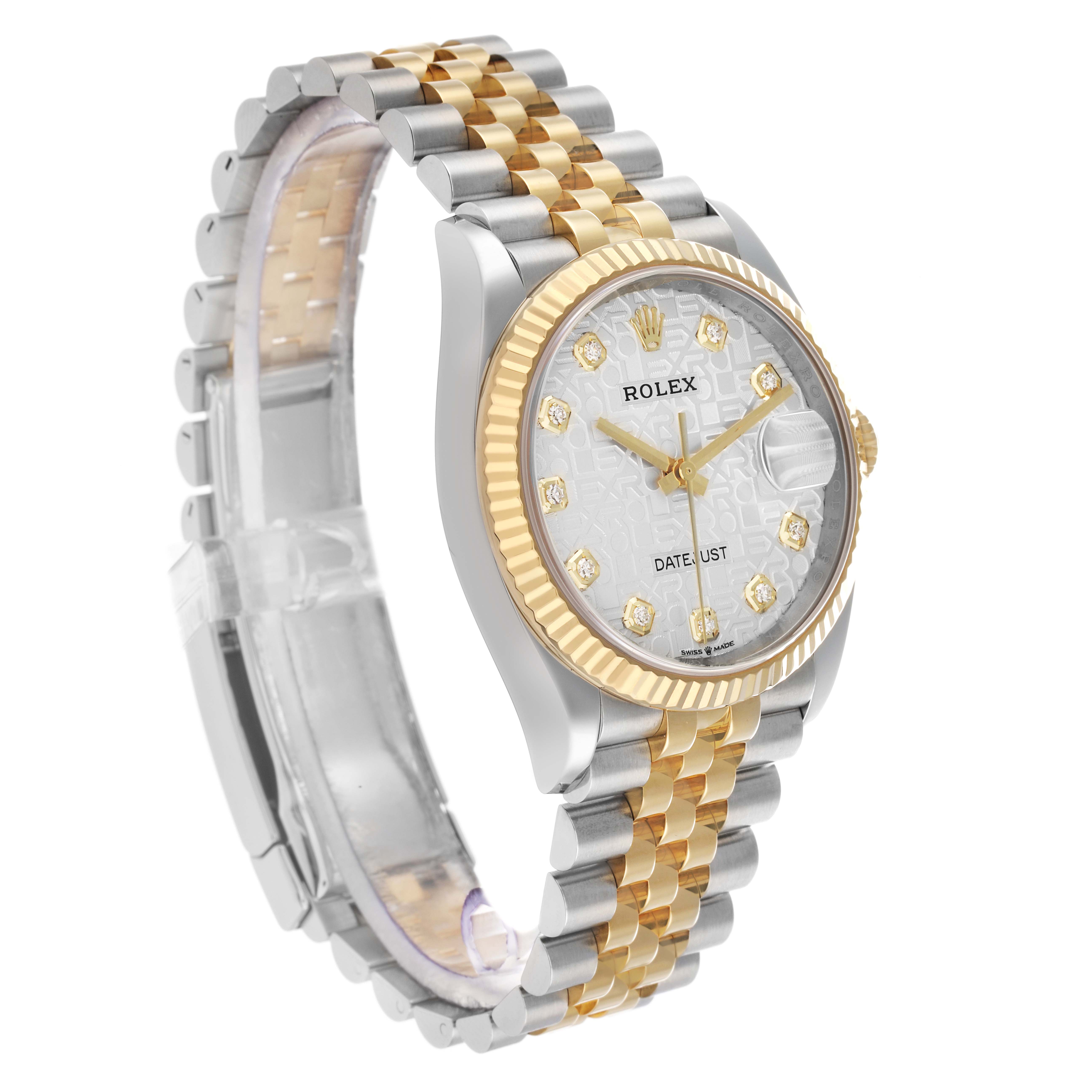 The Rolex Datejust 126233 Men's Steel and Gold (two tone) Silver Dial watch is shown at a three-quarter angle, displaying the face, bezel, and part of the band.